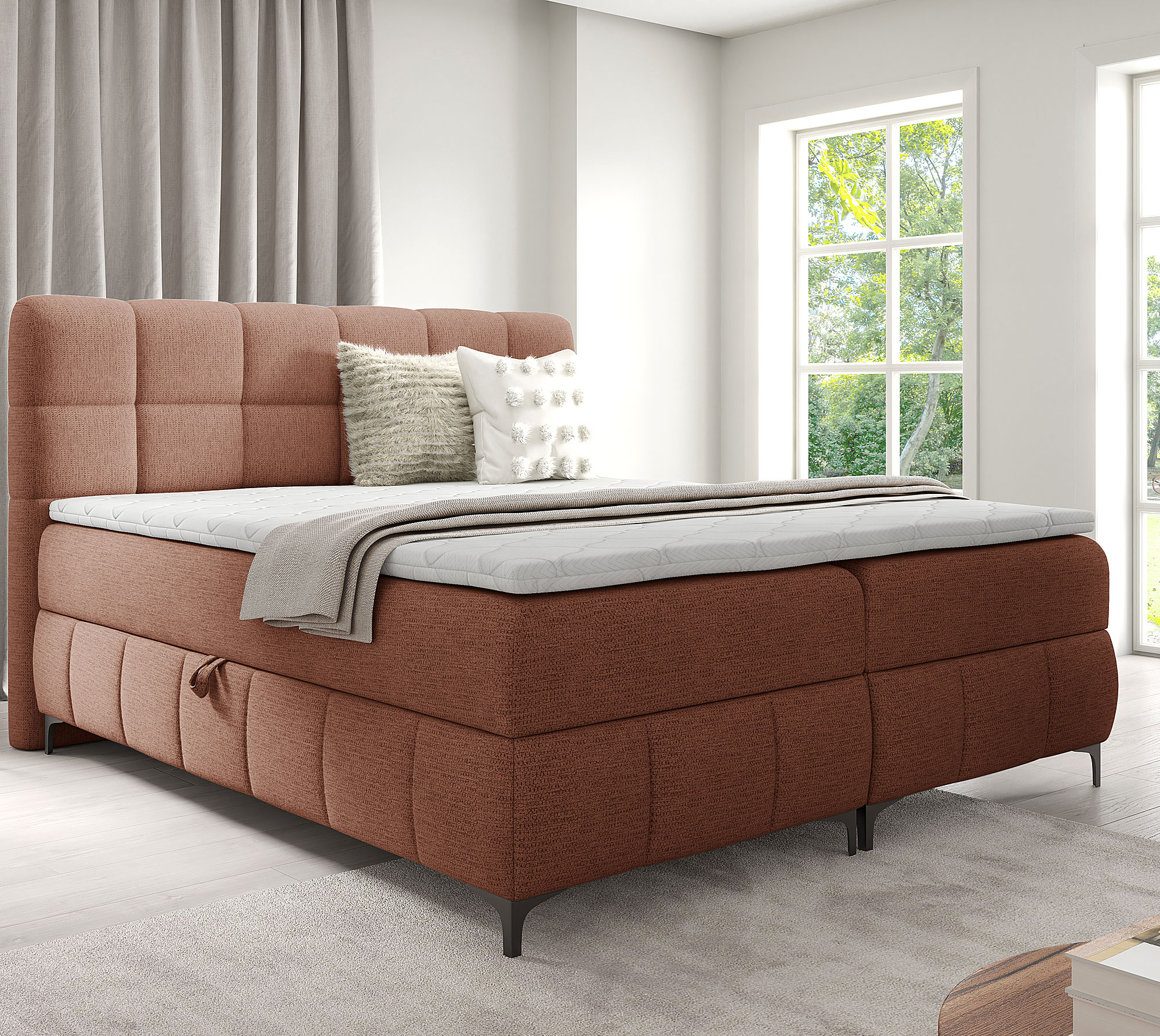 Aranżacja wnętrza z łóżkiem w kolorze pomarańczowym Ravesso