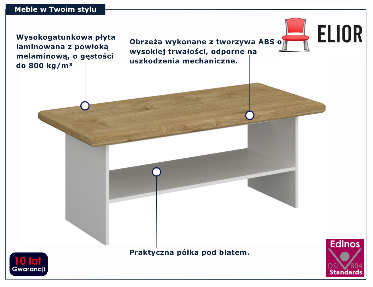 Klasyczna biała ława z drewnianym blatem Epium 5X biały + dąb harbor