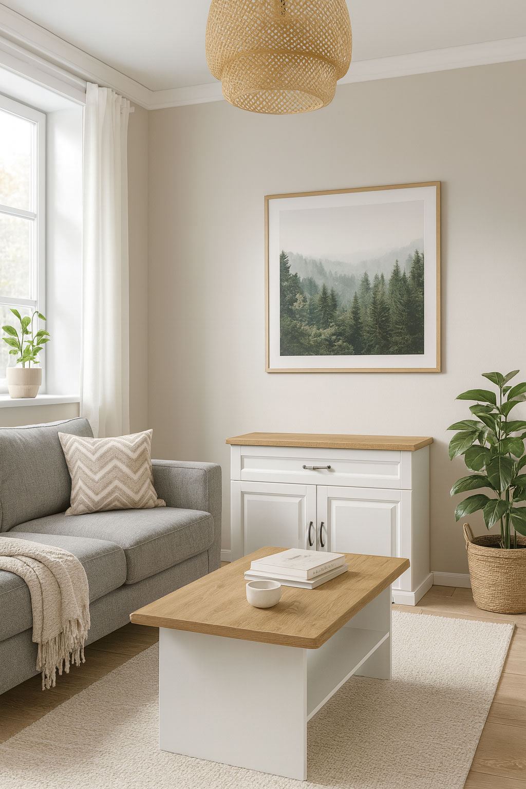 Przykładowa aranżacja z prostokątną ławą Epium 5X biały + dąb harbor