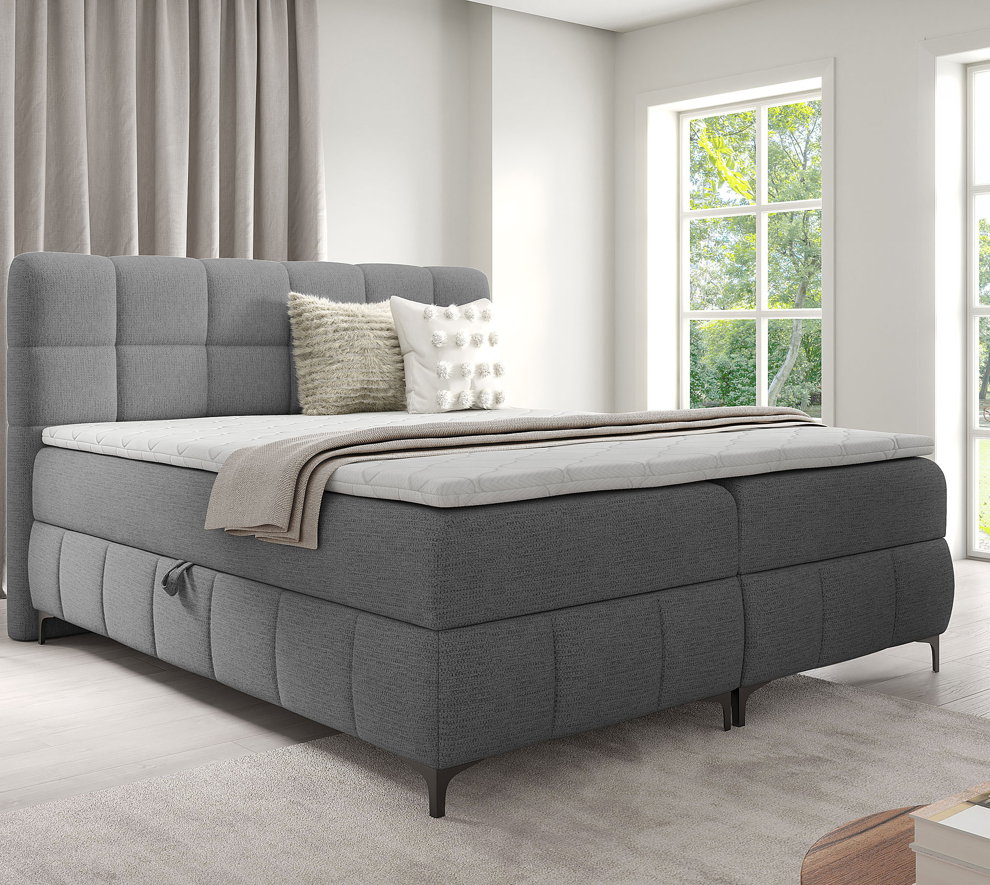 Aranżacja wnętrza z łóżkiem w kolorze szarym Ravesso