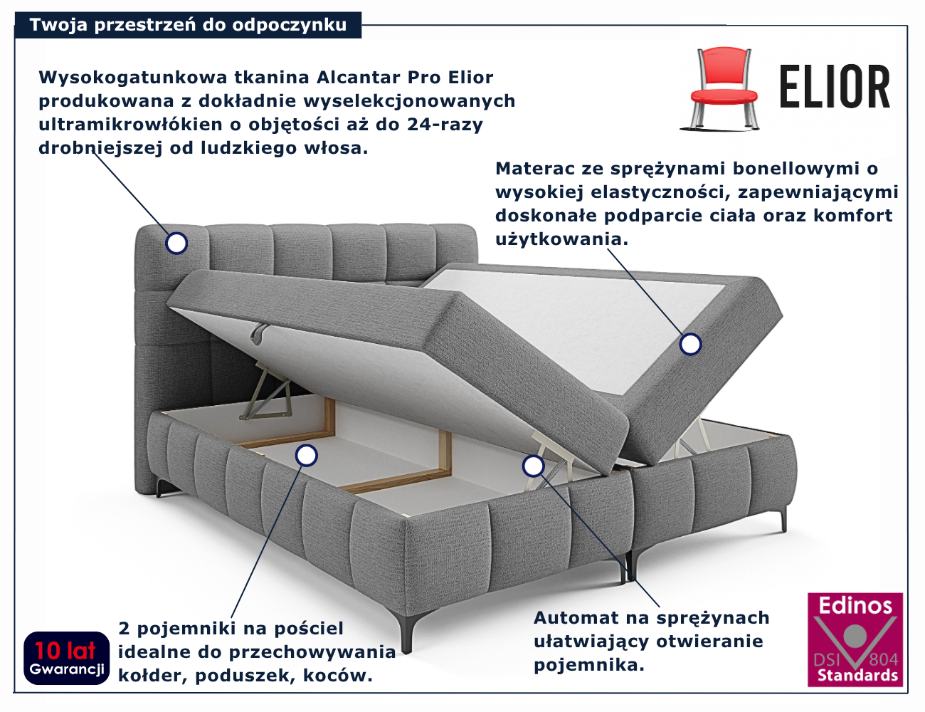 Szare tapicerowane łóżko kontynentalne Ravesso