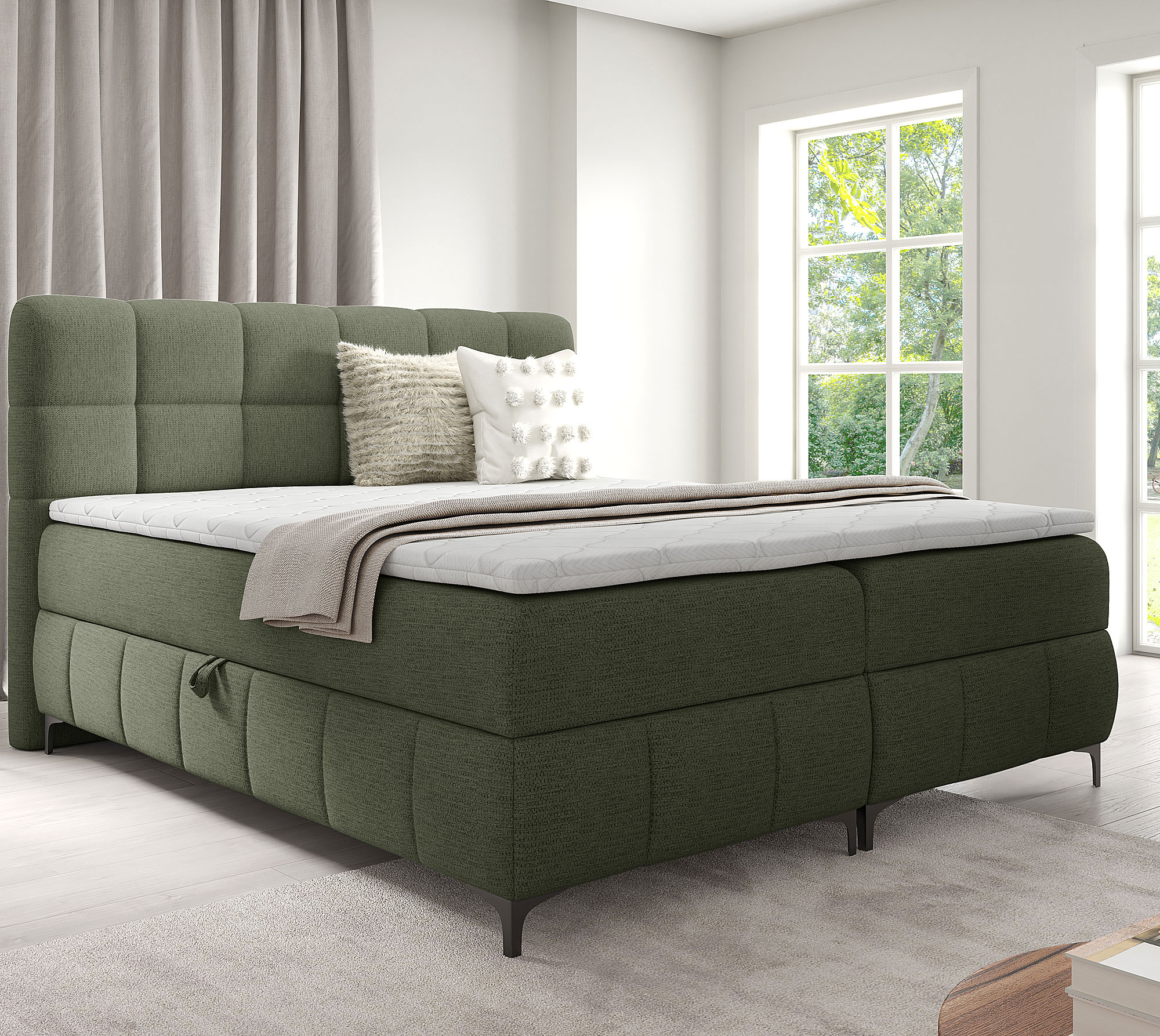 Aranżacja wnętrza z łóżkiem w kolorze zielonym Ravesso