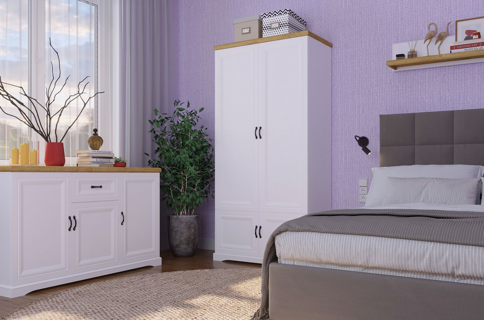 Sypialnia klasyczna z białą szafą Epium 8X biały + dąb harbor