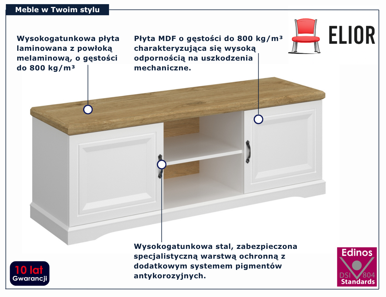 Biała szafka RTV do salonu skandynawskiego Epium 9X biały + dąb harbor