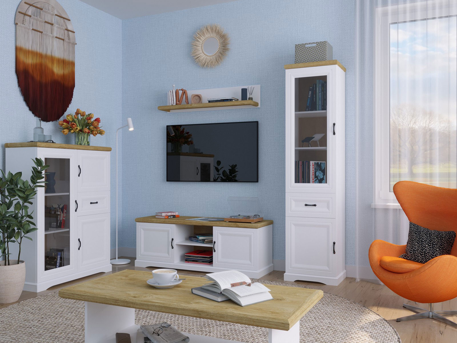 Przykładowa aranżacja z wykorzystaniem szafki pod tv Epium 9X biały + dąb harbor