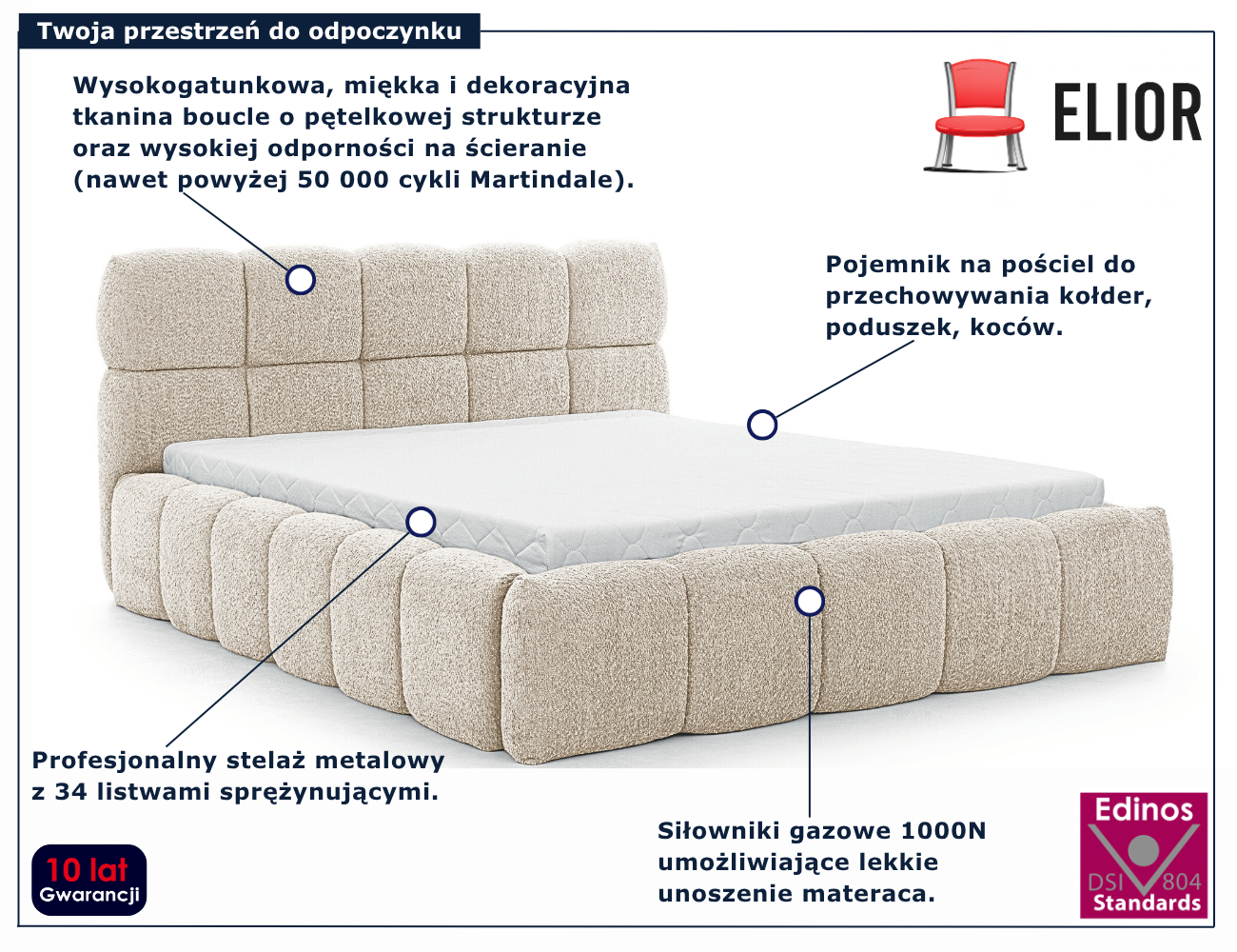 Kremowe tapicerowane łóżko chmurka Mellario