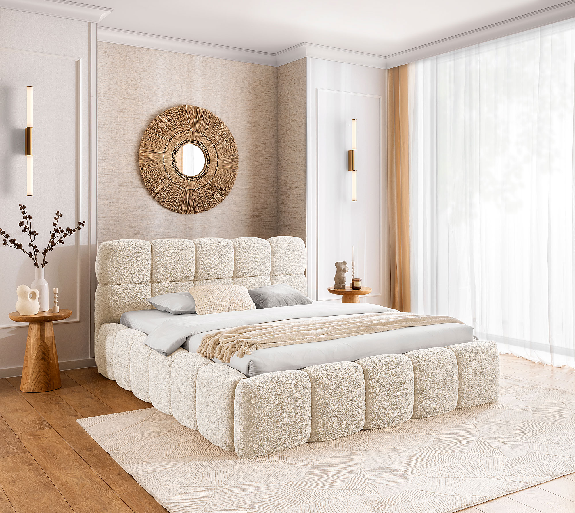 Aranżacja wnętrza z kremowym łóżkiem Mellario