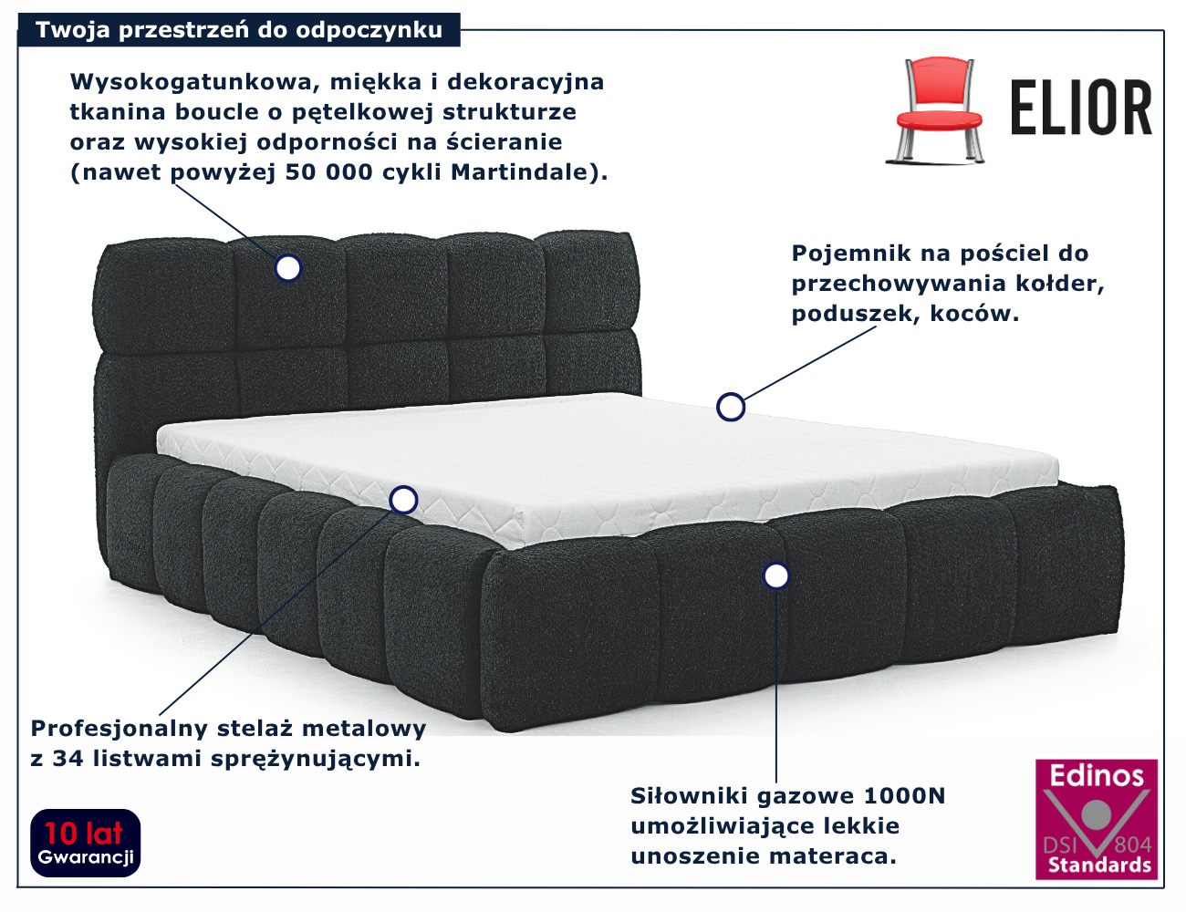 Czarne tapicerowane łóżko chmurka Mellario