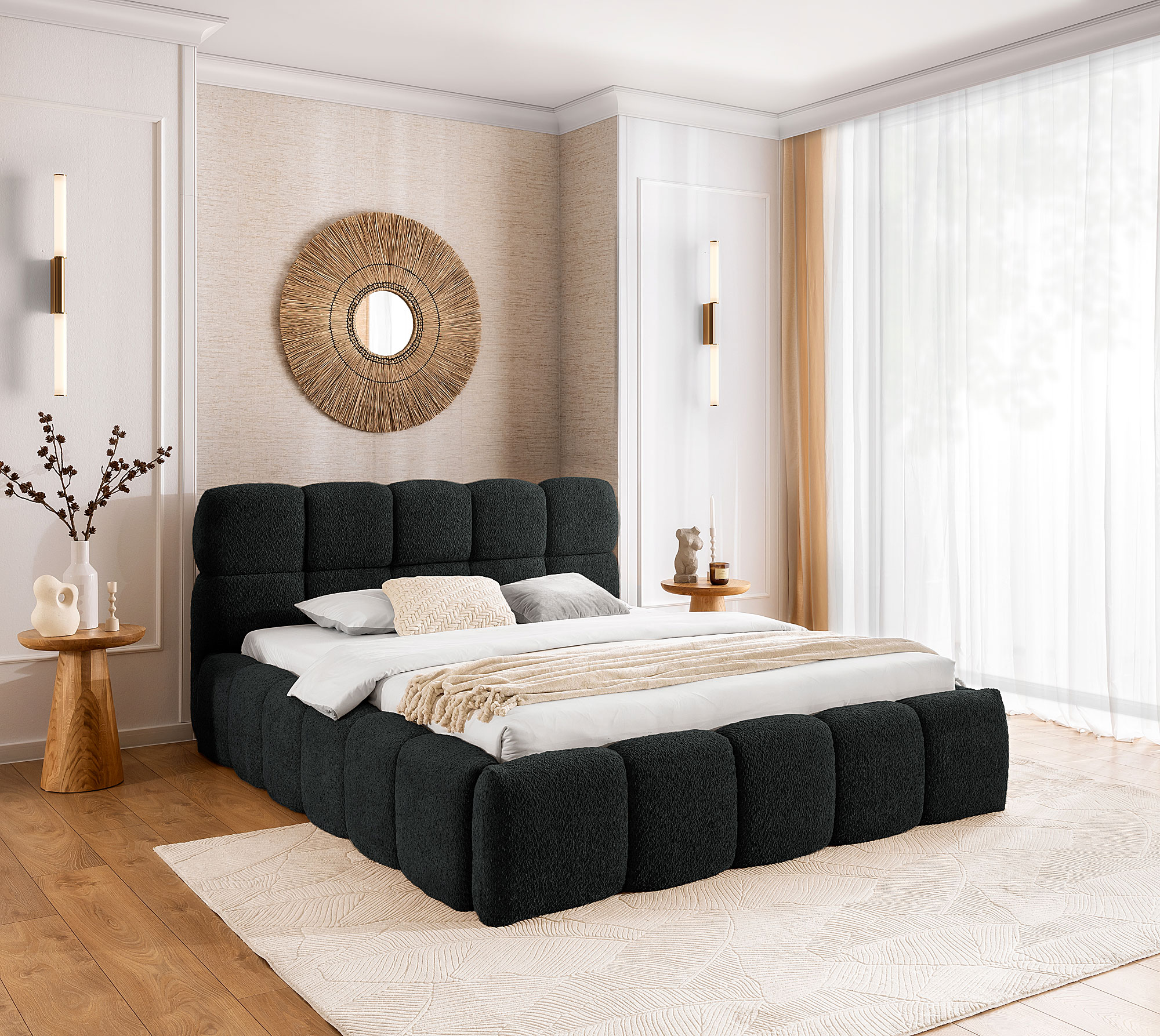 Aranżacja wnętrza z czarnym łóżkiem Mellario