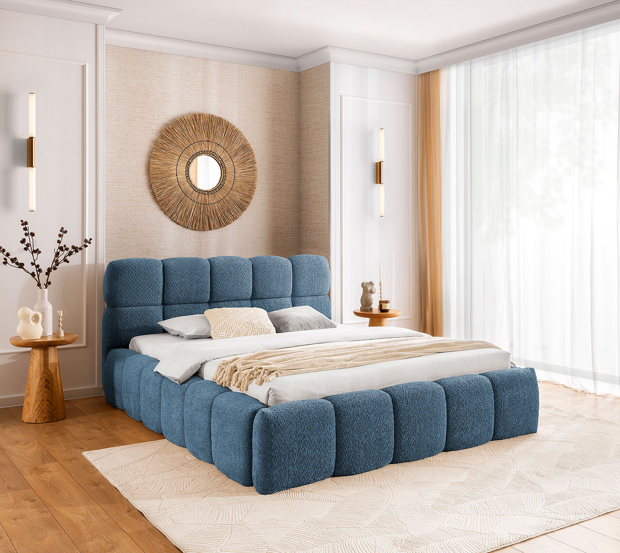 Aranżacja wnętrza z niebieskim łóżkiem Mellario