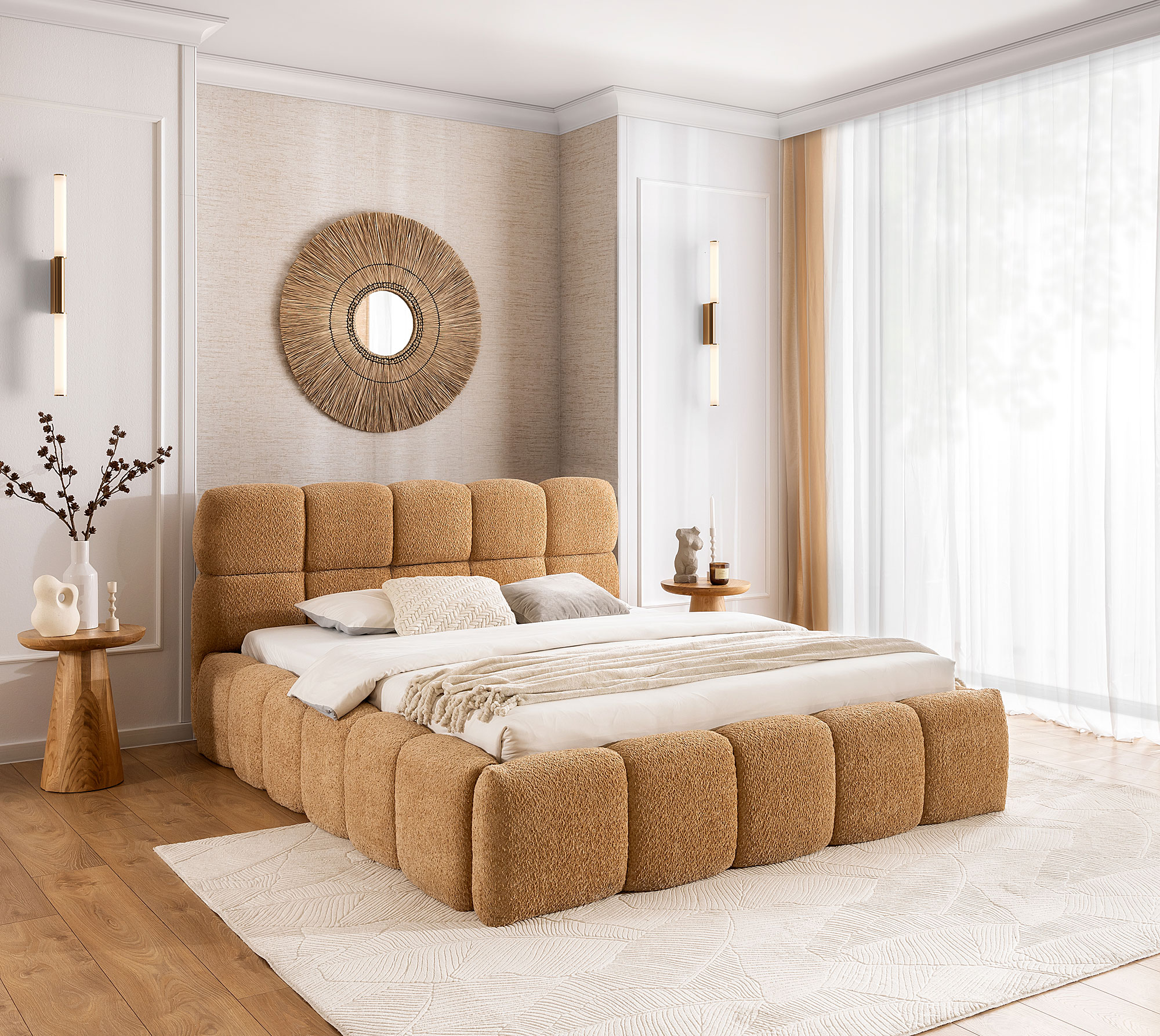 Aranżacja wnętrza z pomarańczowym łóżkiem Mellario