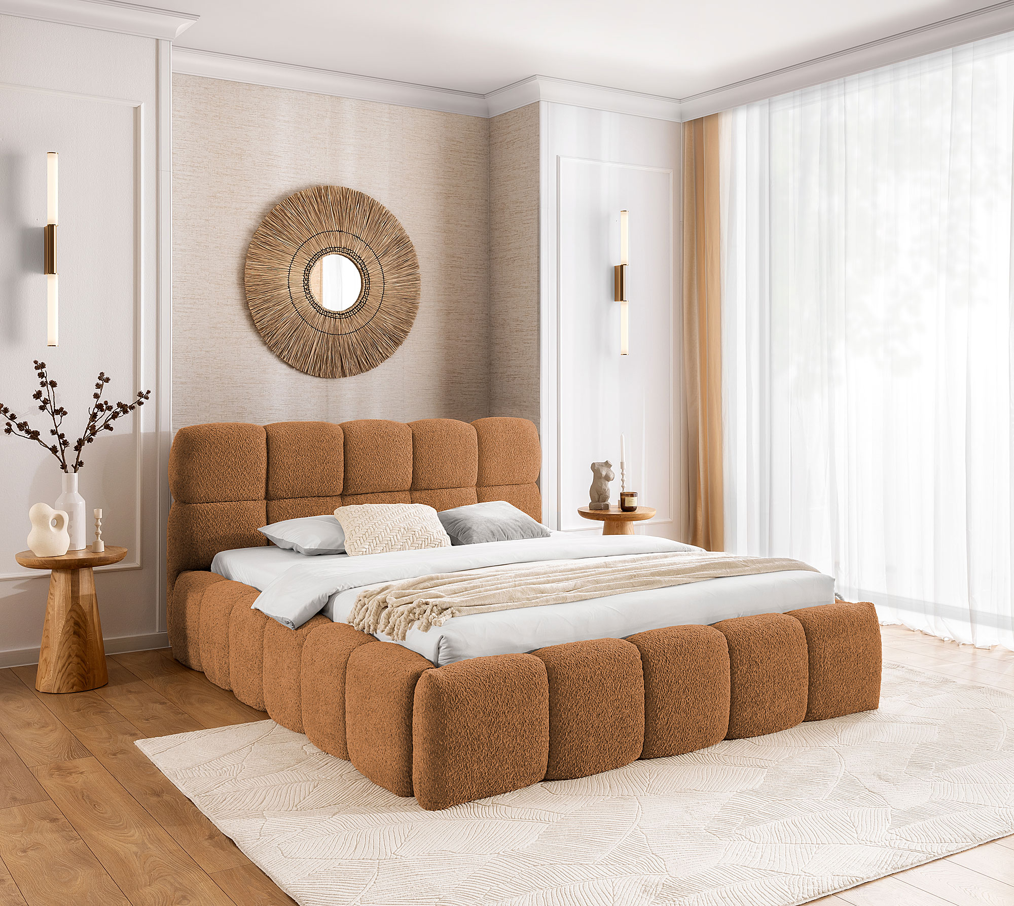 Aranżacja wnętrza z rudym łóżkiem Mellario