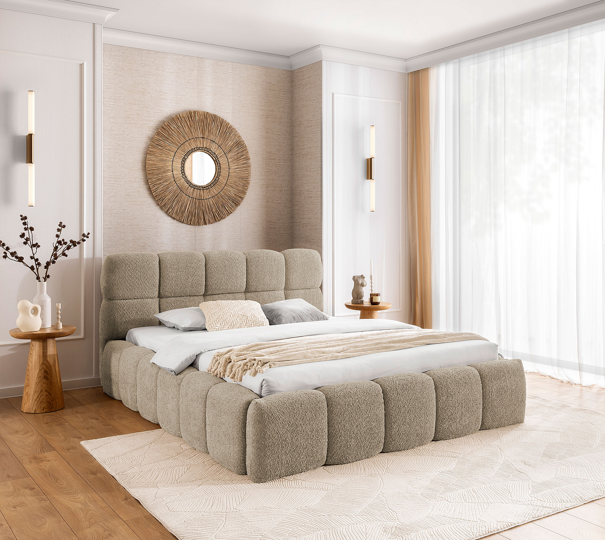 Aranżacja wnętrza z szaro-beżowy łóżkiem Mellario