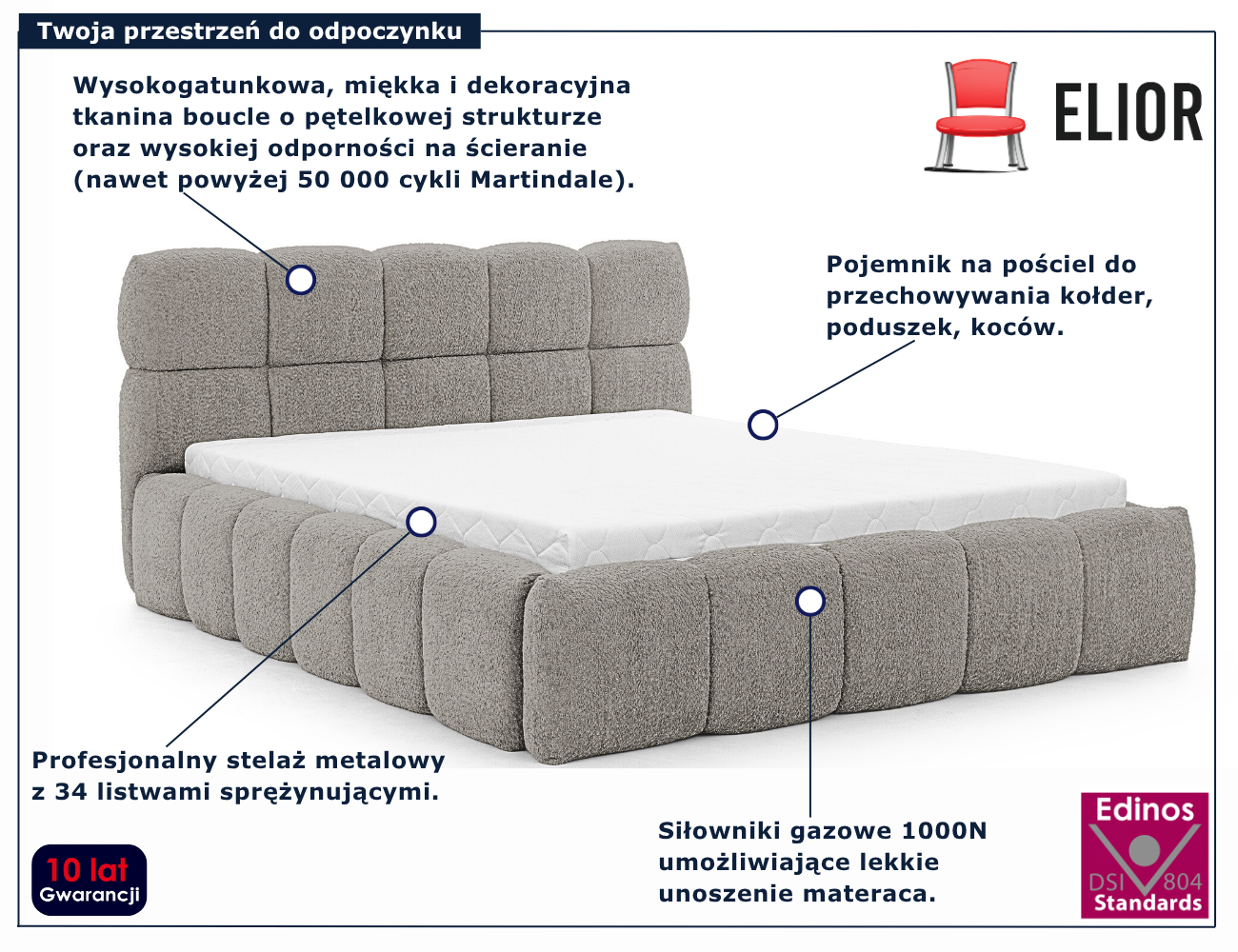 Szare tapicerowane łóżko chmurka Mellario
