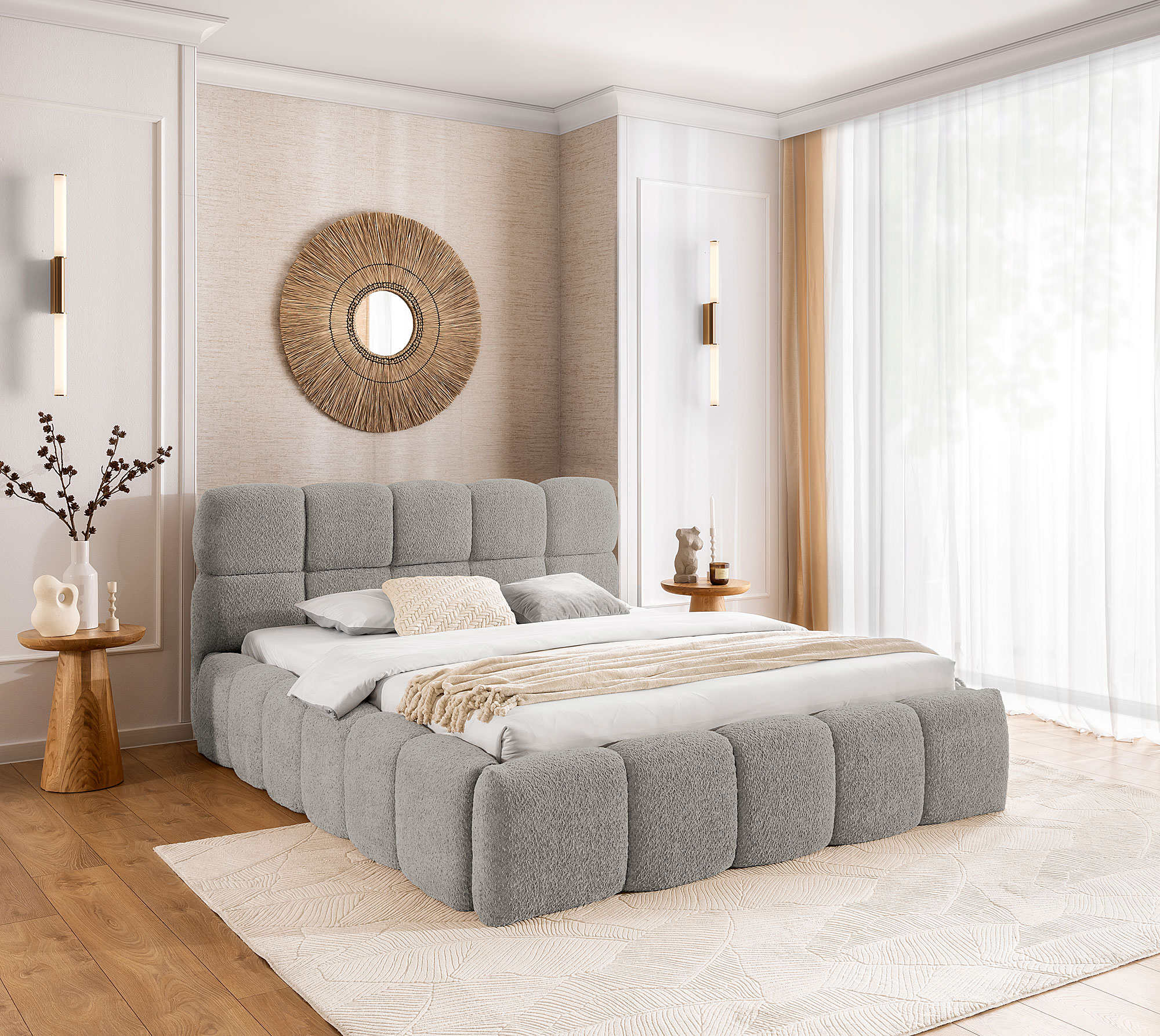 Aranżacja wnętrza z szarym łóżkiem Mellario