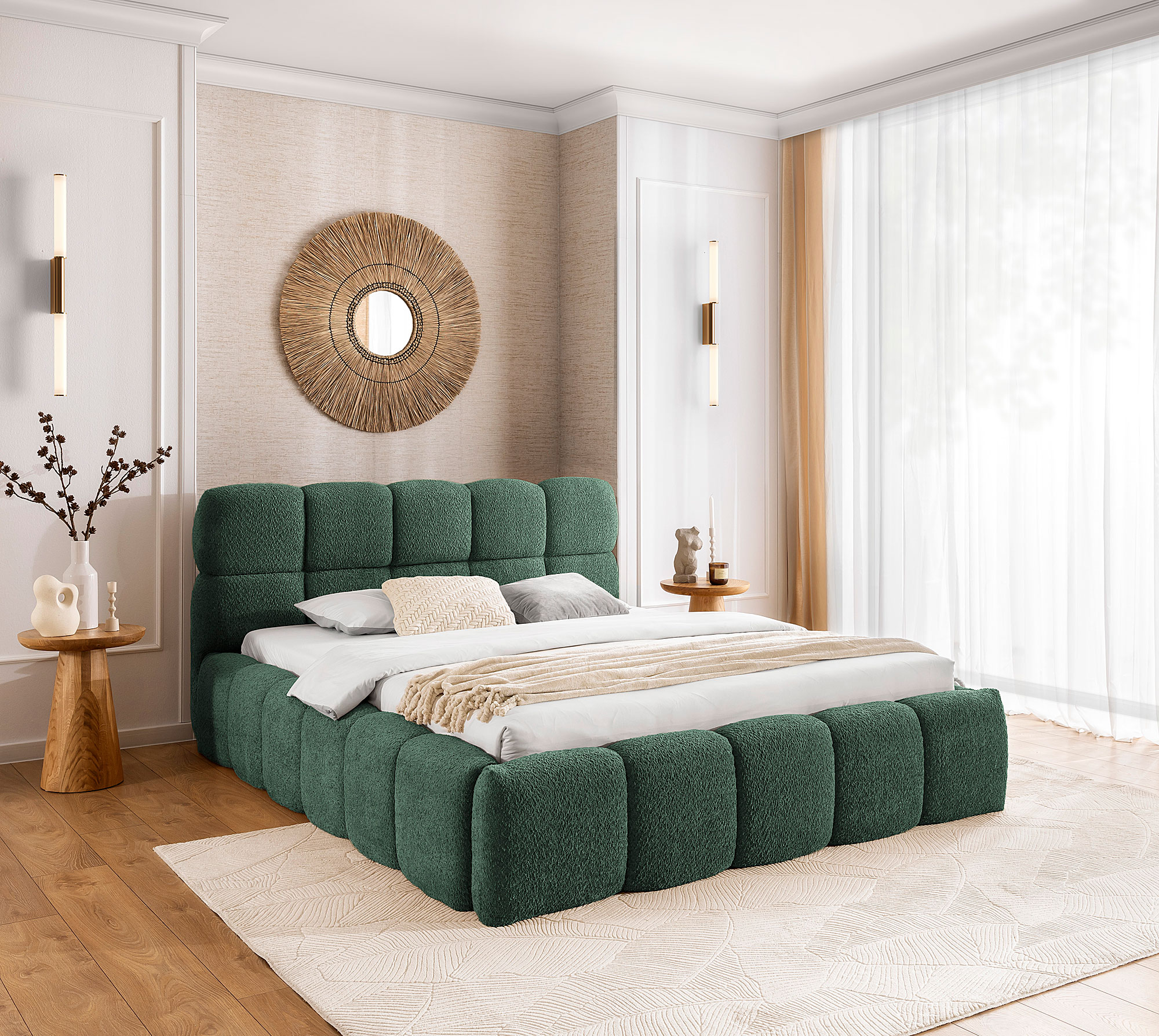Aranżacja wnętrza z zielonym łóżkiem Mellario