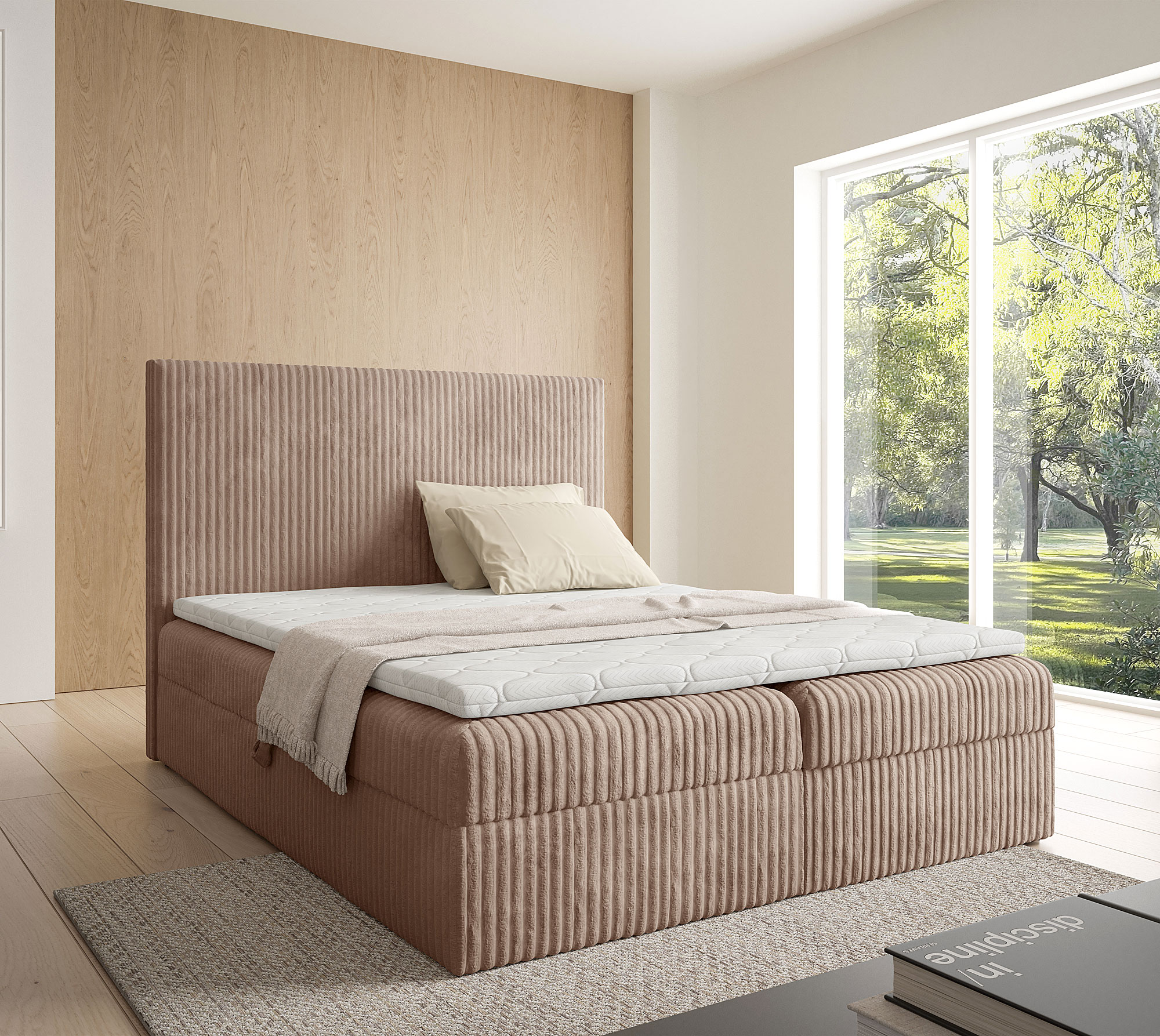 Aranżacja wnętrza z beżowym łóżkiem Masseno