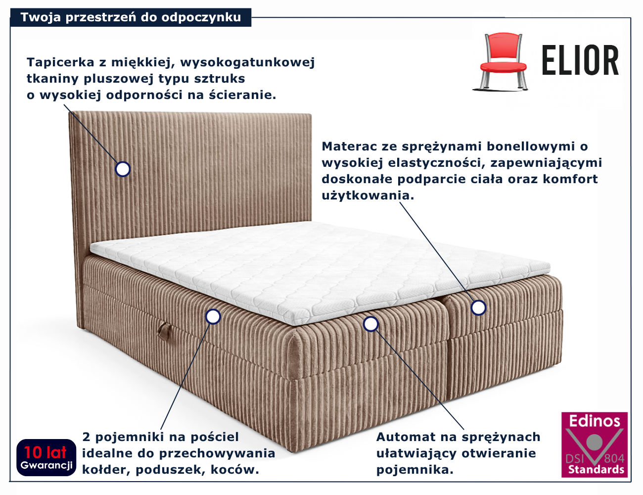 Beżowe tapicerowane łóżko kontynentalne Masseno