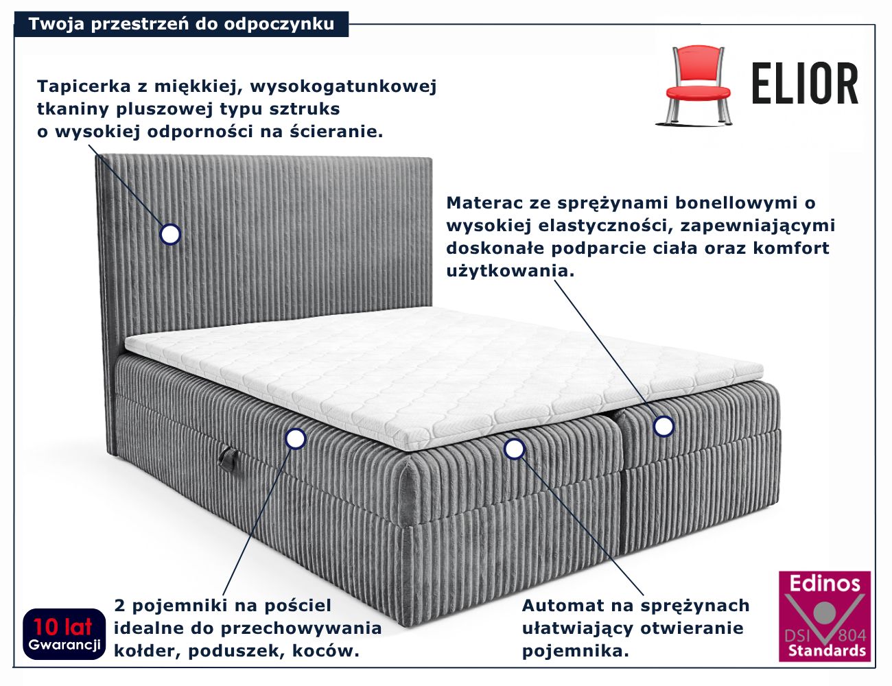 Ciemnoszare tapicerowane łóżko kontynentalne Masseno