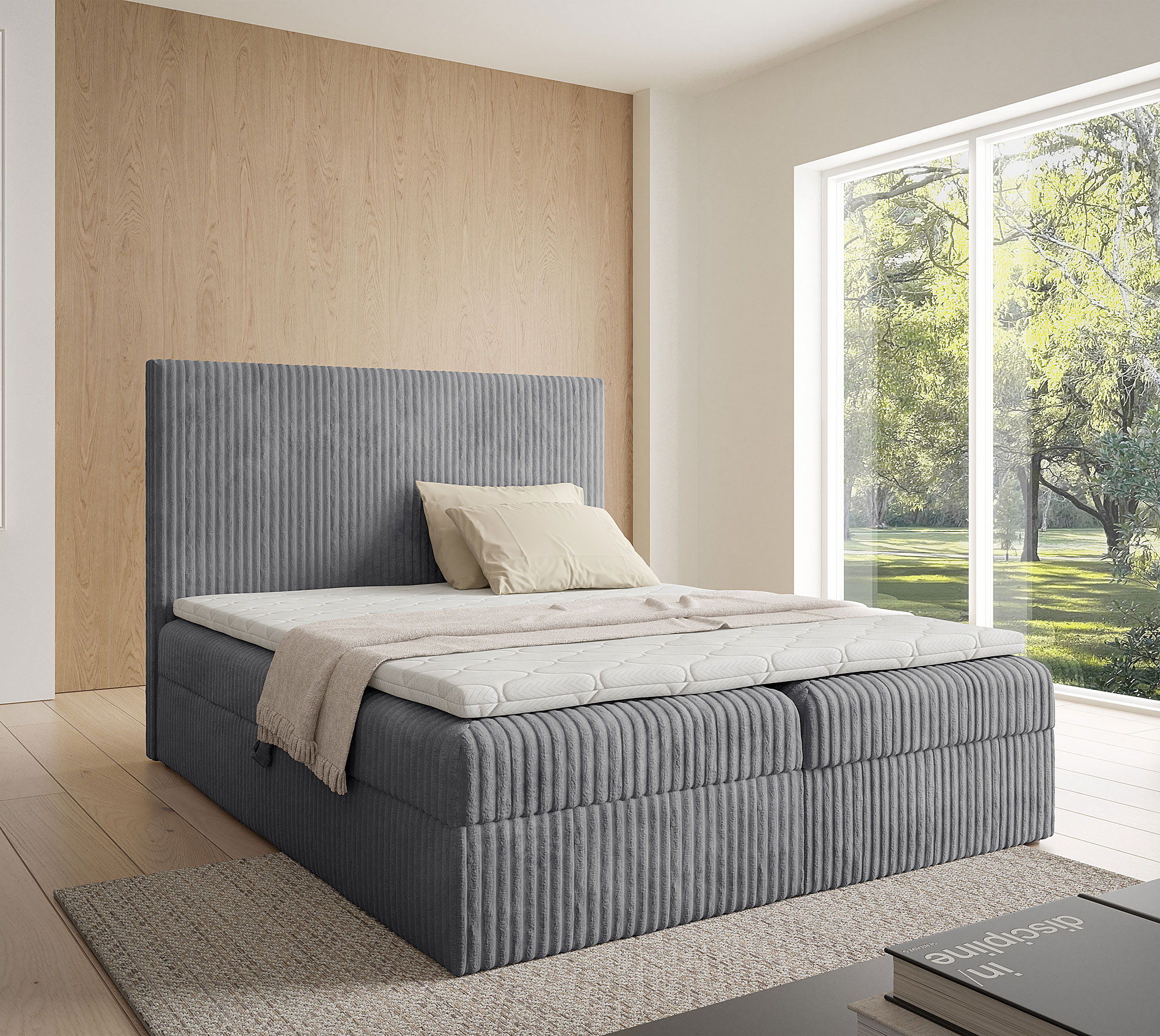 Aranżacja wnętrza z ciemnoszarym łóżkiem Masseno