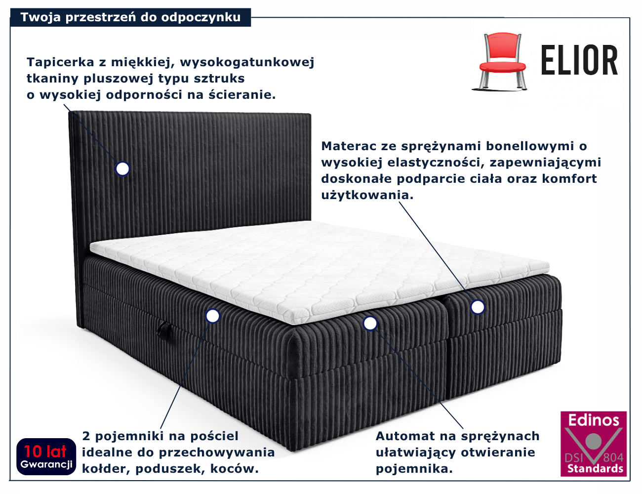 Czarne tapicerowane łóżko kontynentalne Masseno