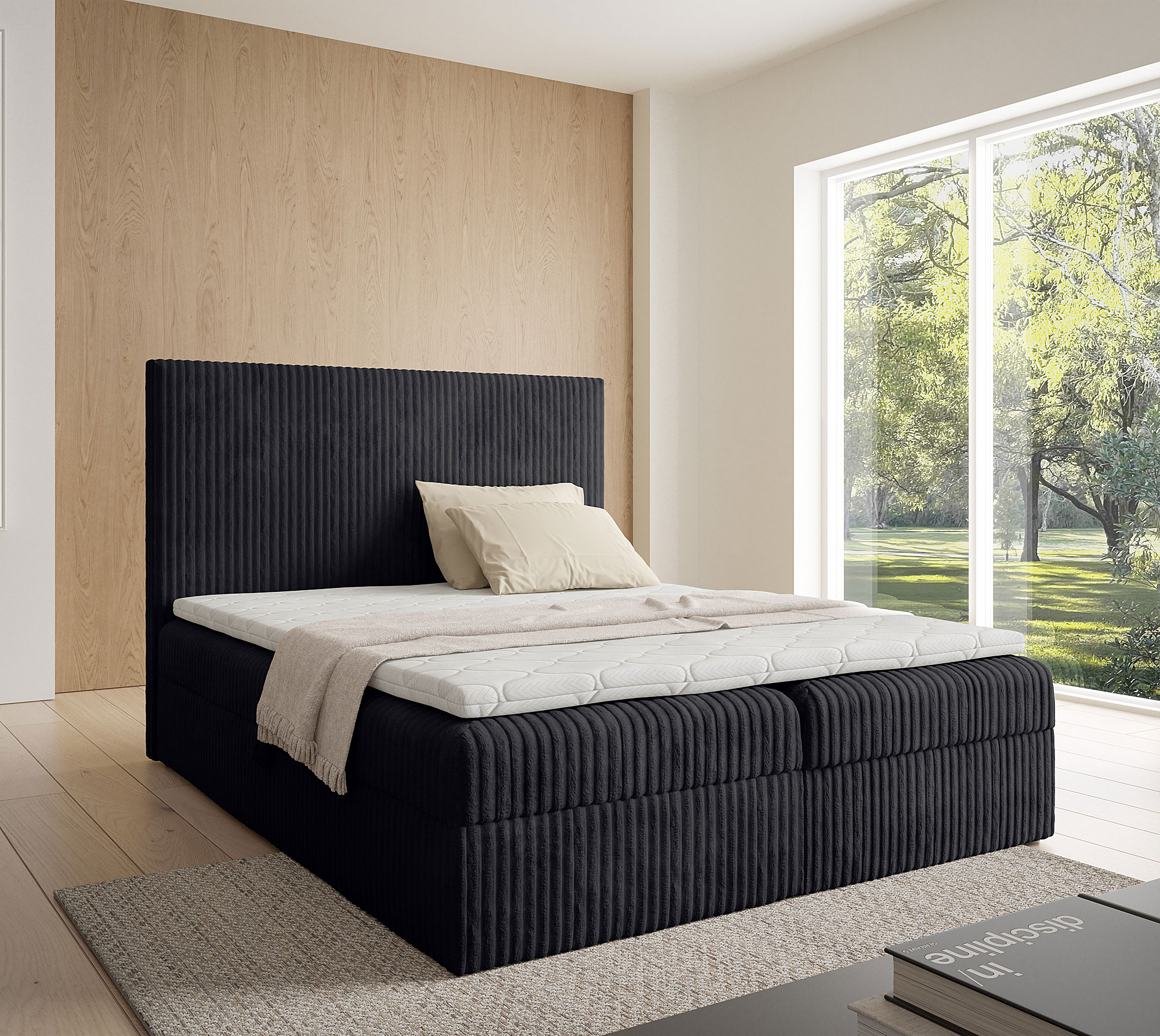 Aranżacja wnętrza z czarnym łóżkiem Masseno