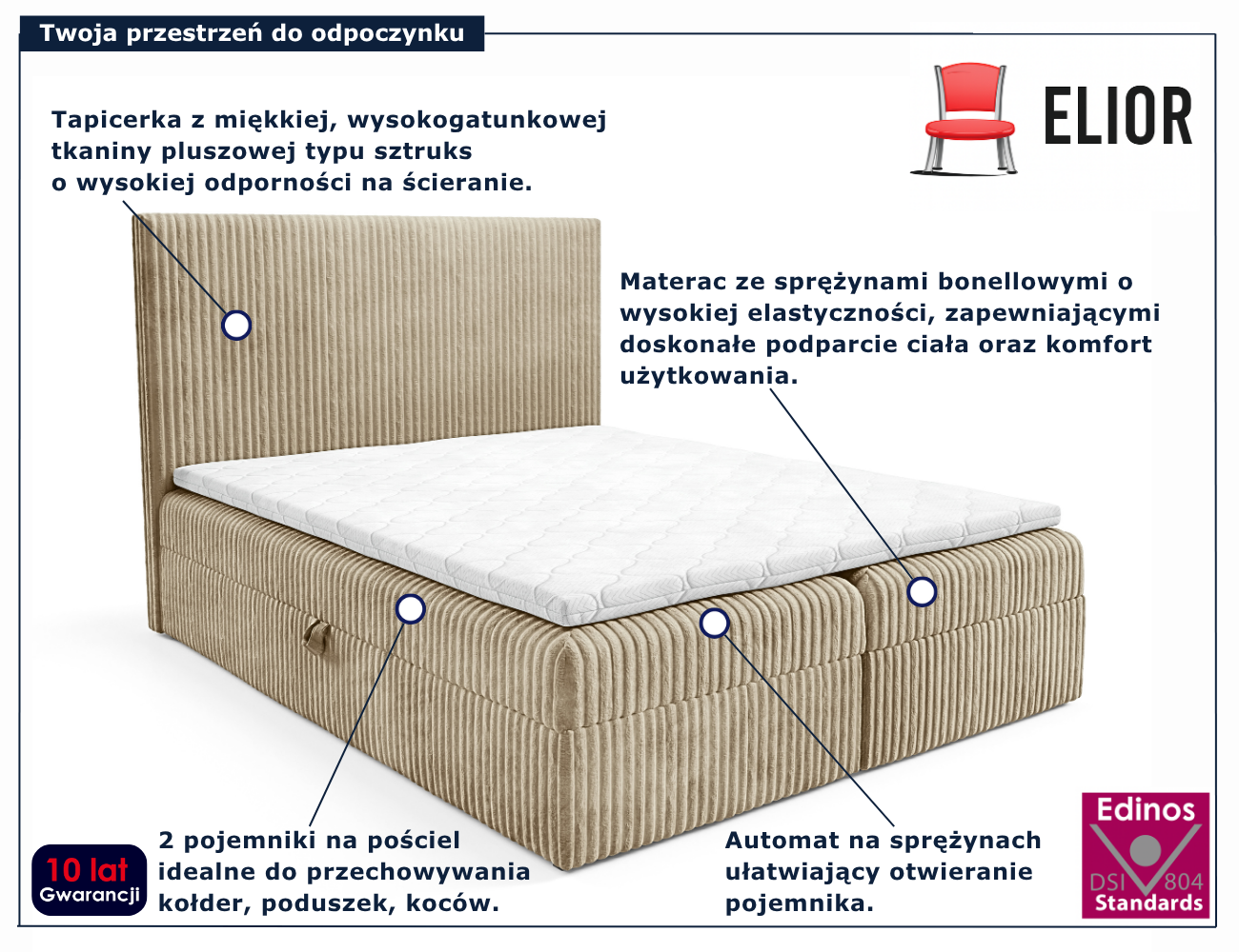 Jasnobrązowe tapicerowane łóżko kontynentalne Masseno
