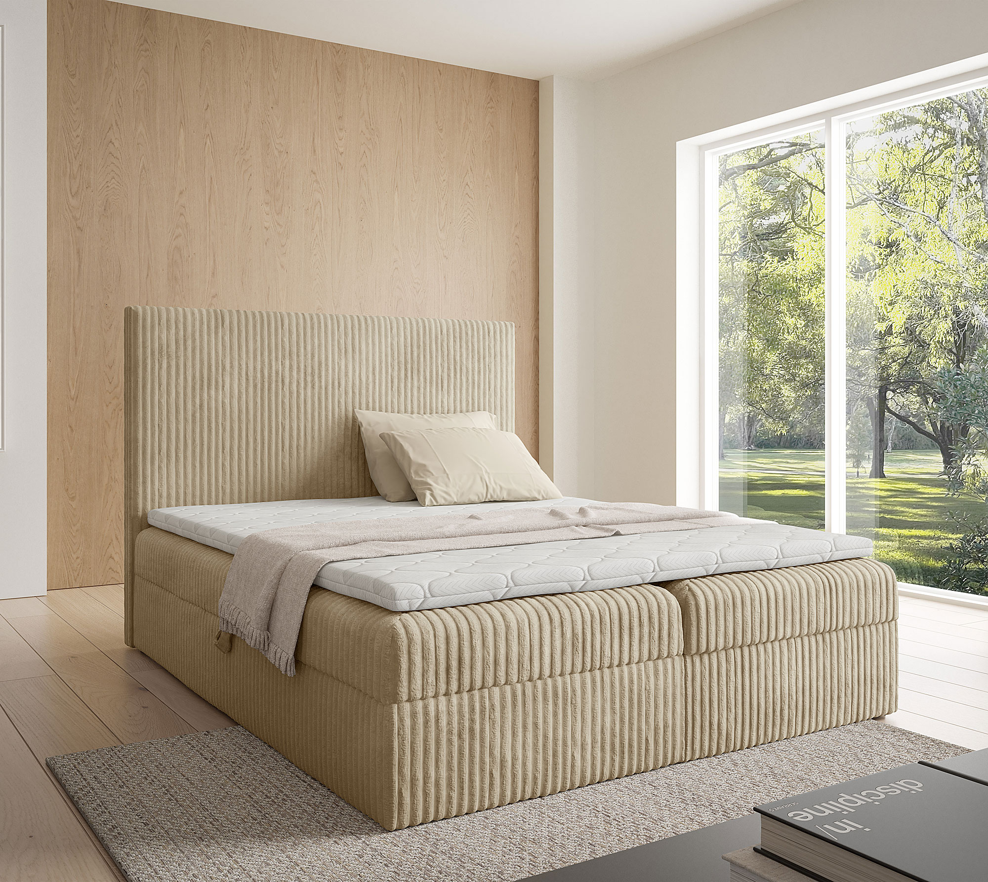 Aranżacja wnętrza z jasnobrązowym łóżkiem Masseno