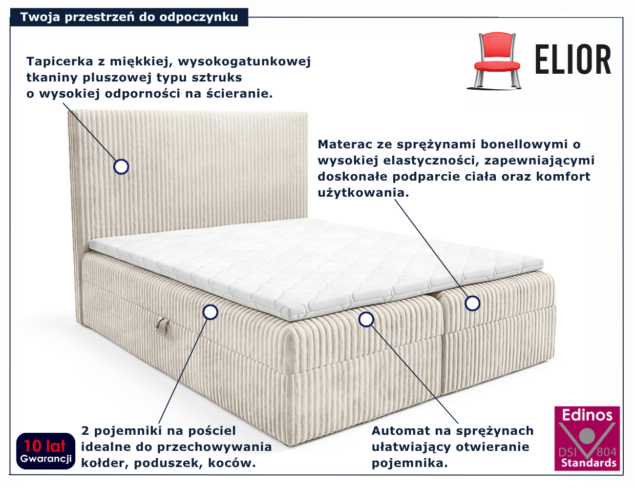Kremowe tapicerowane łóżko kontynentalne Masseno
