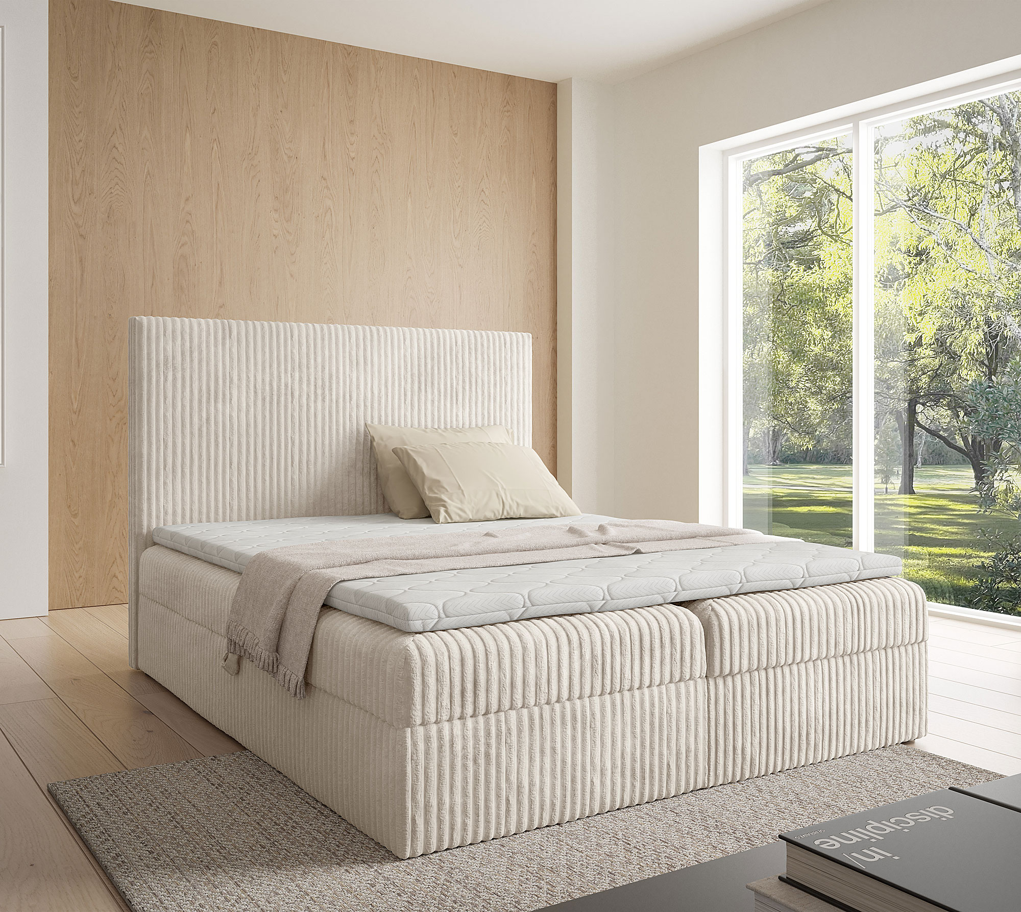 Aranżacja wnętrza z kremowym łóżkiem Masseno