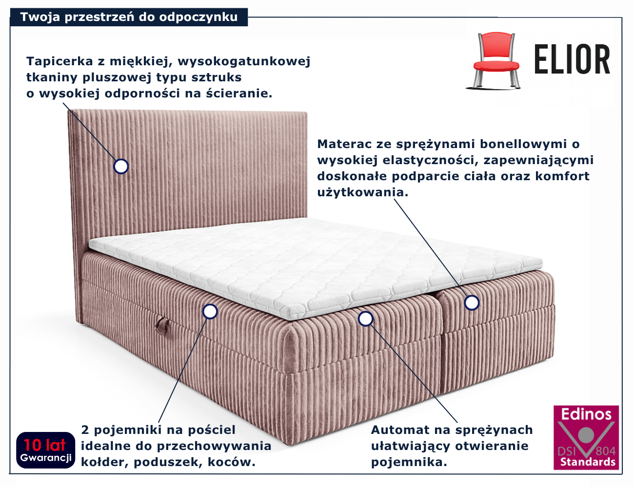 Różowe tapicerowane łóżko kontynentalne Masseno