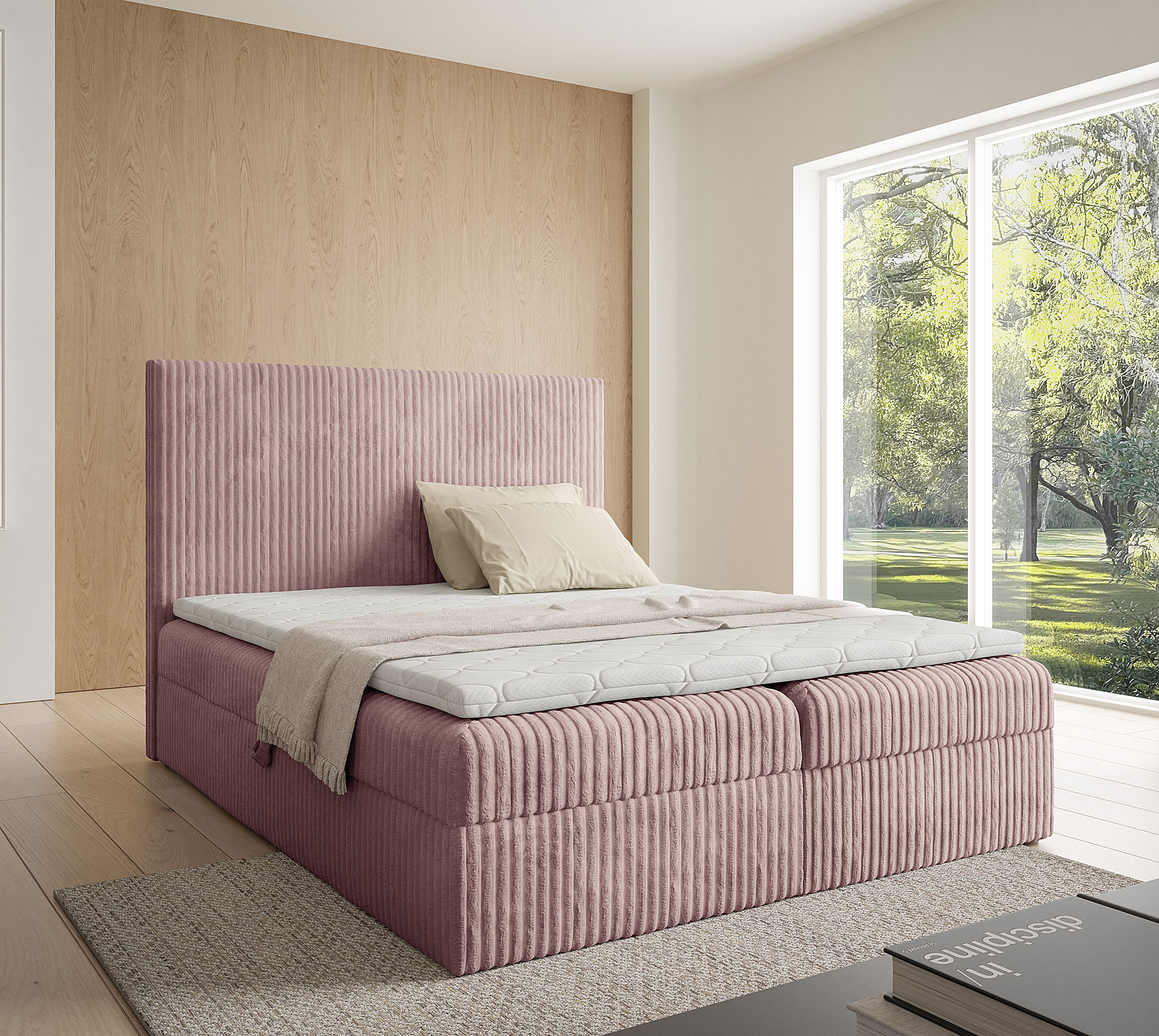 Aranżacja wnętrza z różowym łóżkiem Masseno