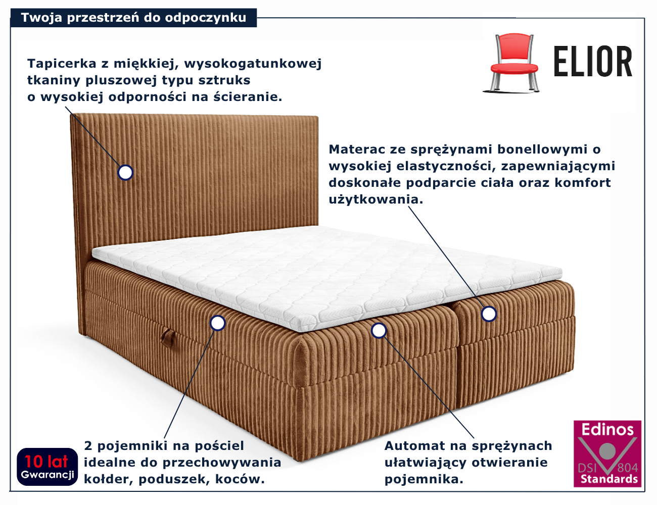 Rude tapicerowane łóżko kontynentalne Masseno