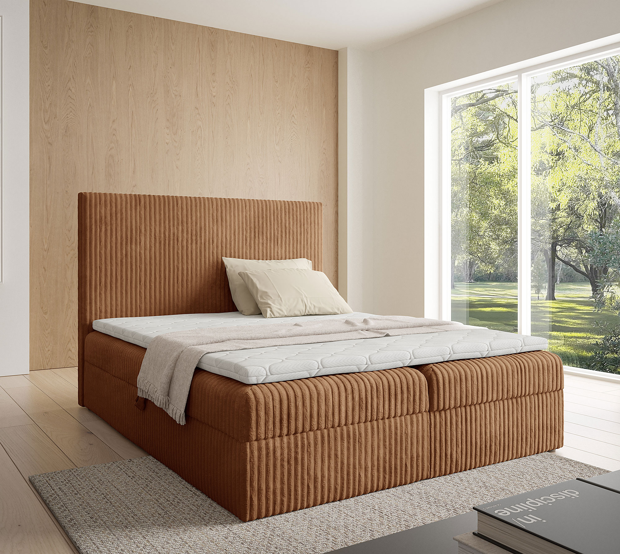 Aranżacja wnętrza z rudym łóżkiem Masseno