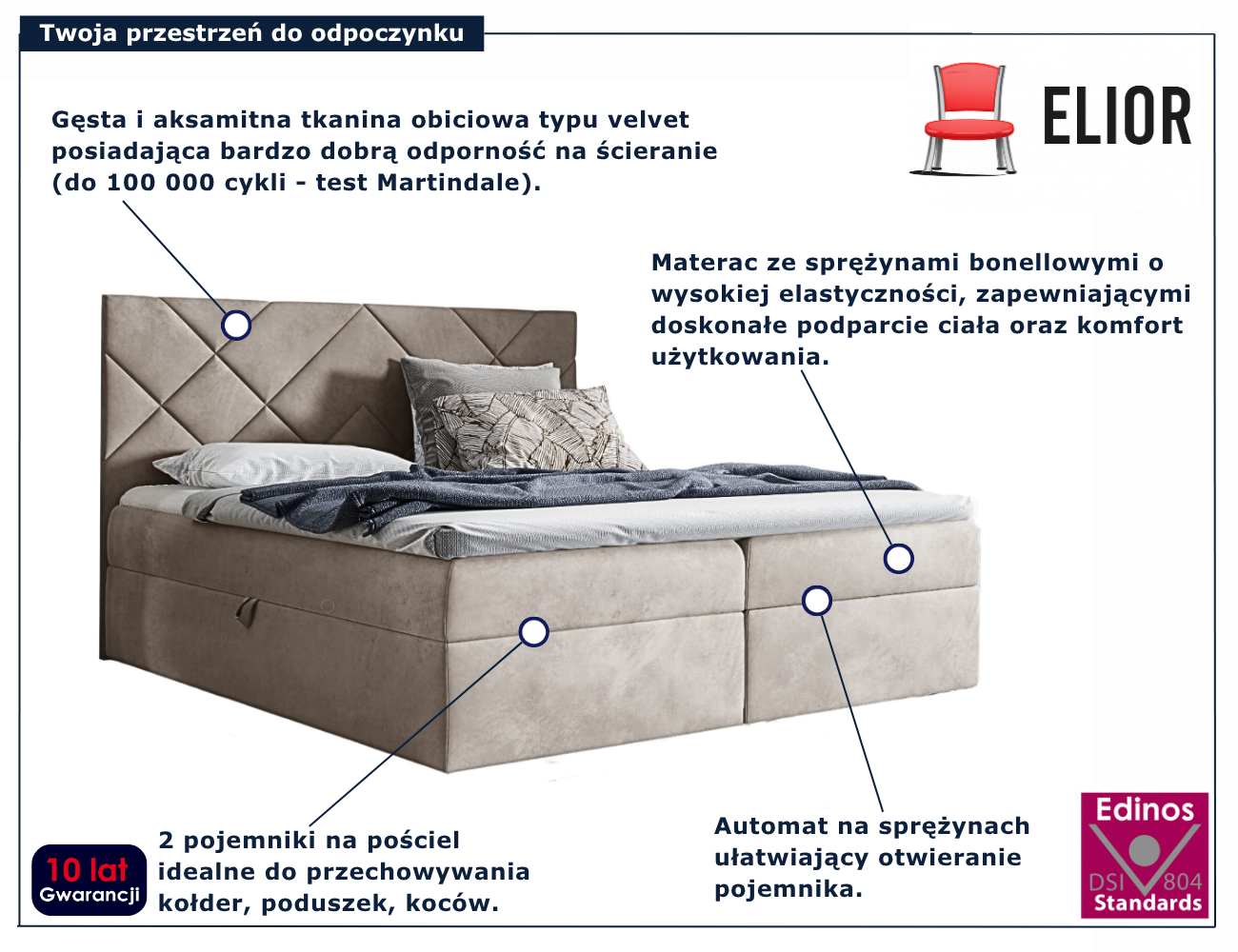 Beżowe tapicerowane łóżko kontynentalne Ressari
