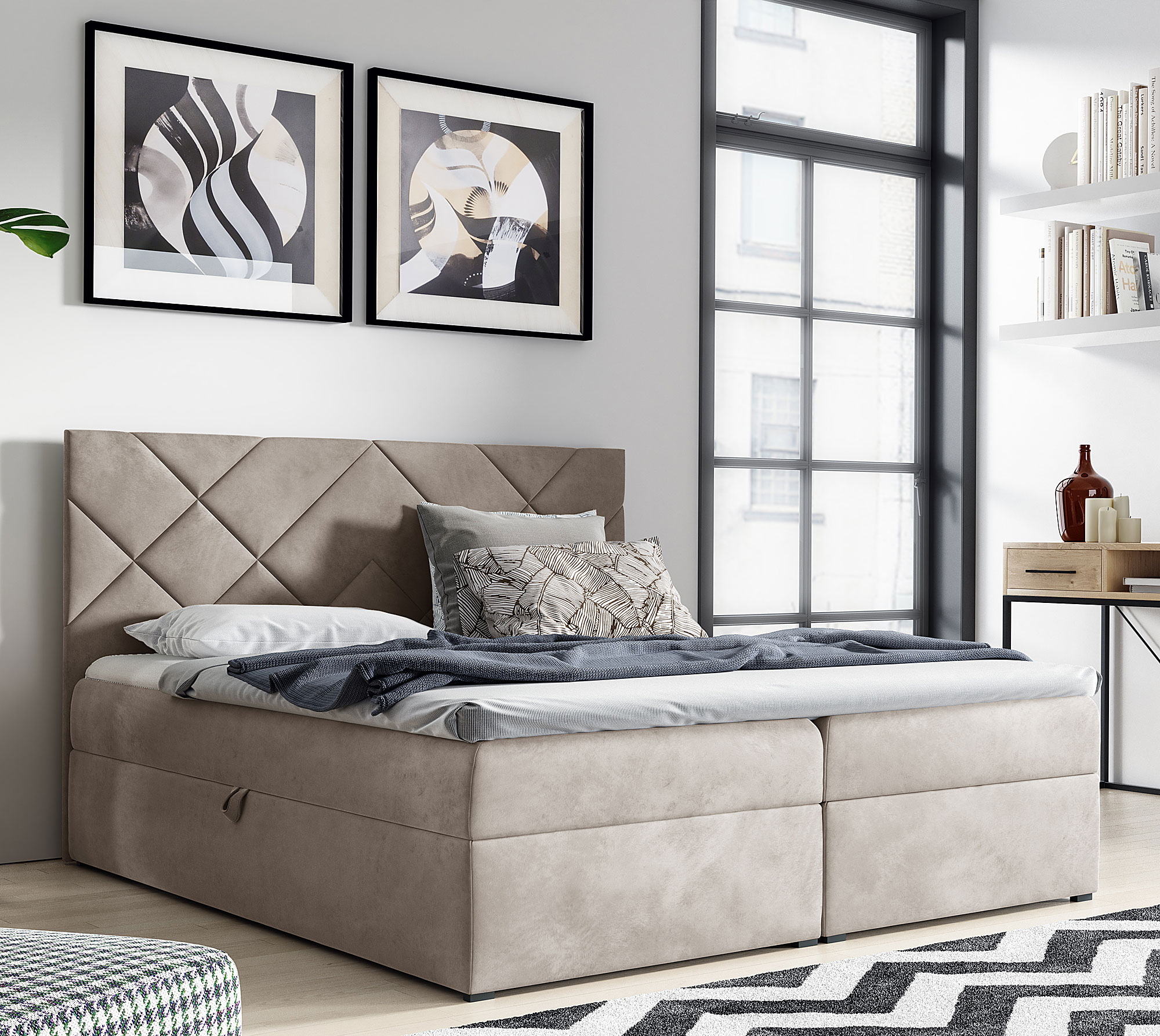 Aranżacja wnętrza z beżowm łóżkiem Ressari