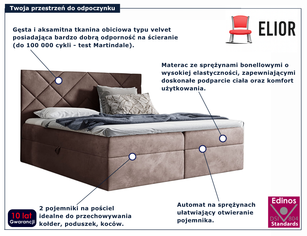 Brązowe tapicerowane łóżko kontynentalne Ressari