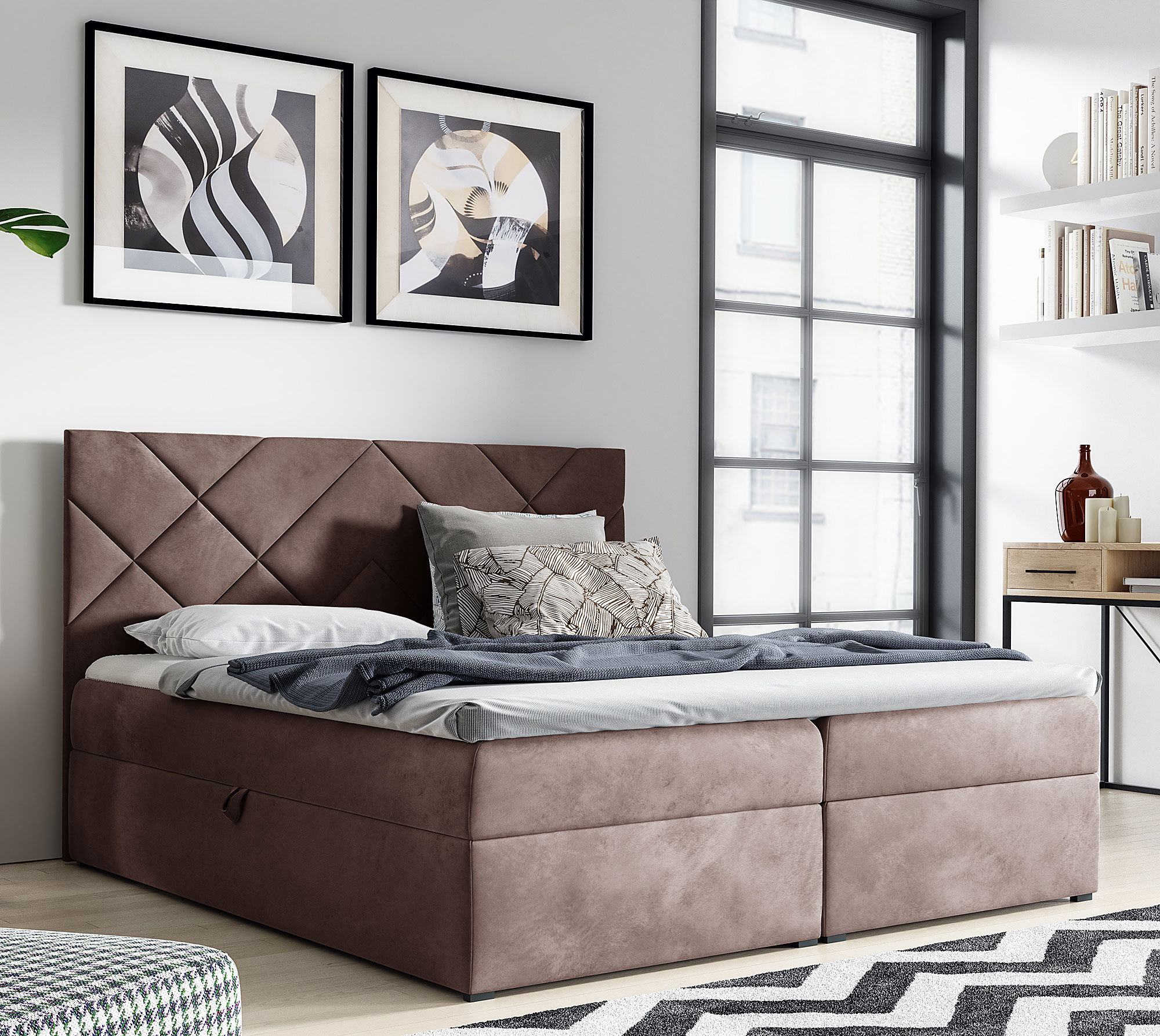 Aranżacja wnętrza z brązowym łóżkiem Ressari