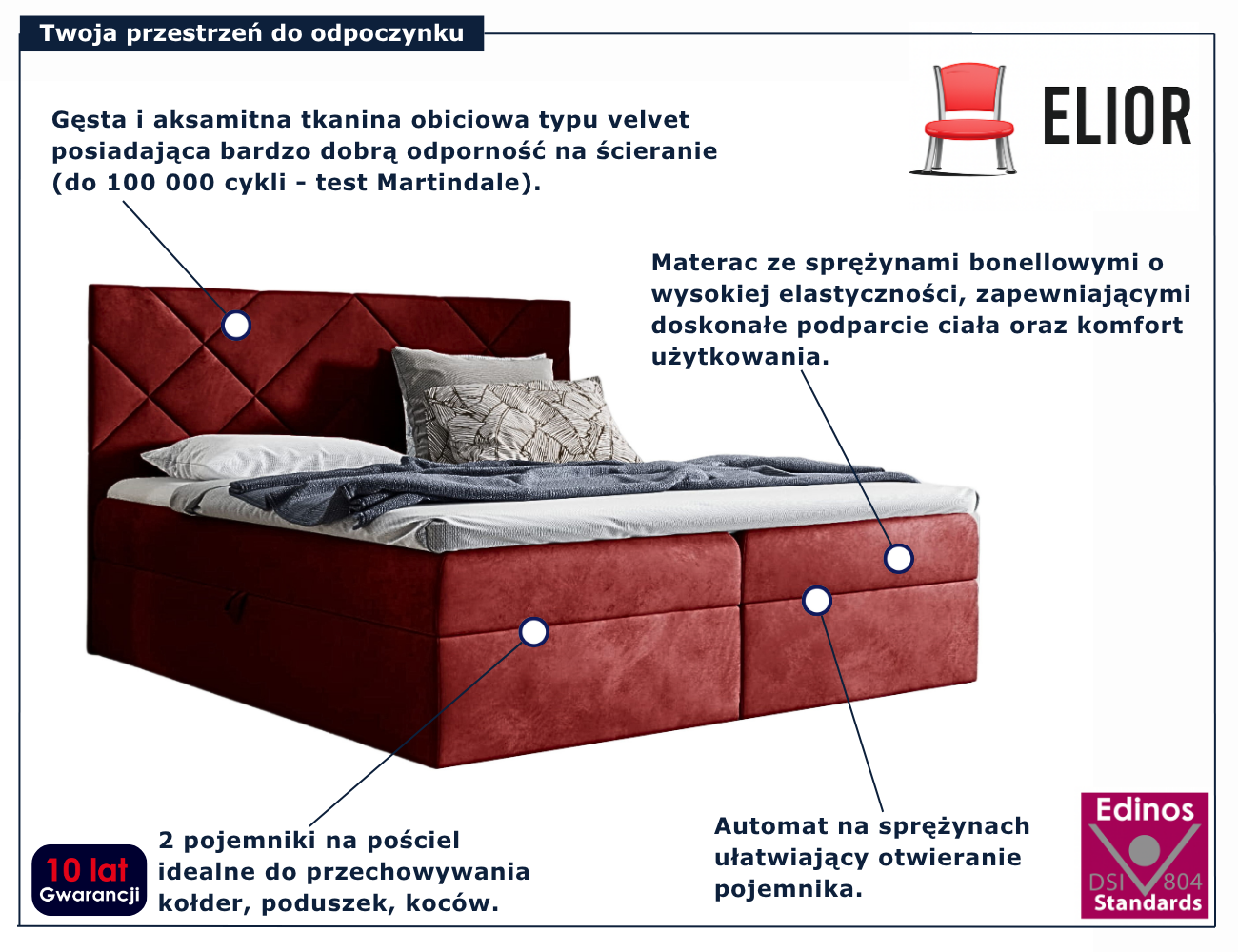 Czerwone tapicerowane łóżko kontynentalne Ressari