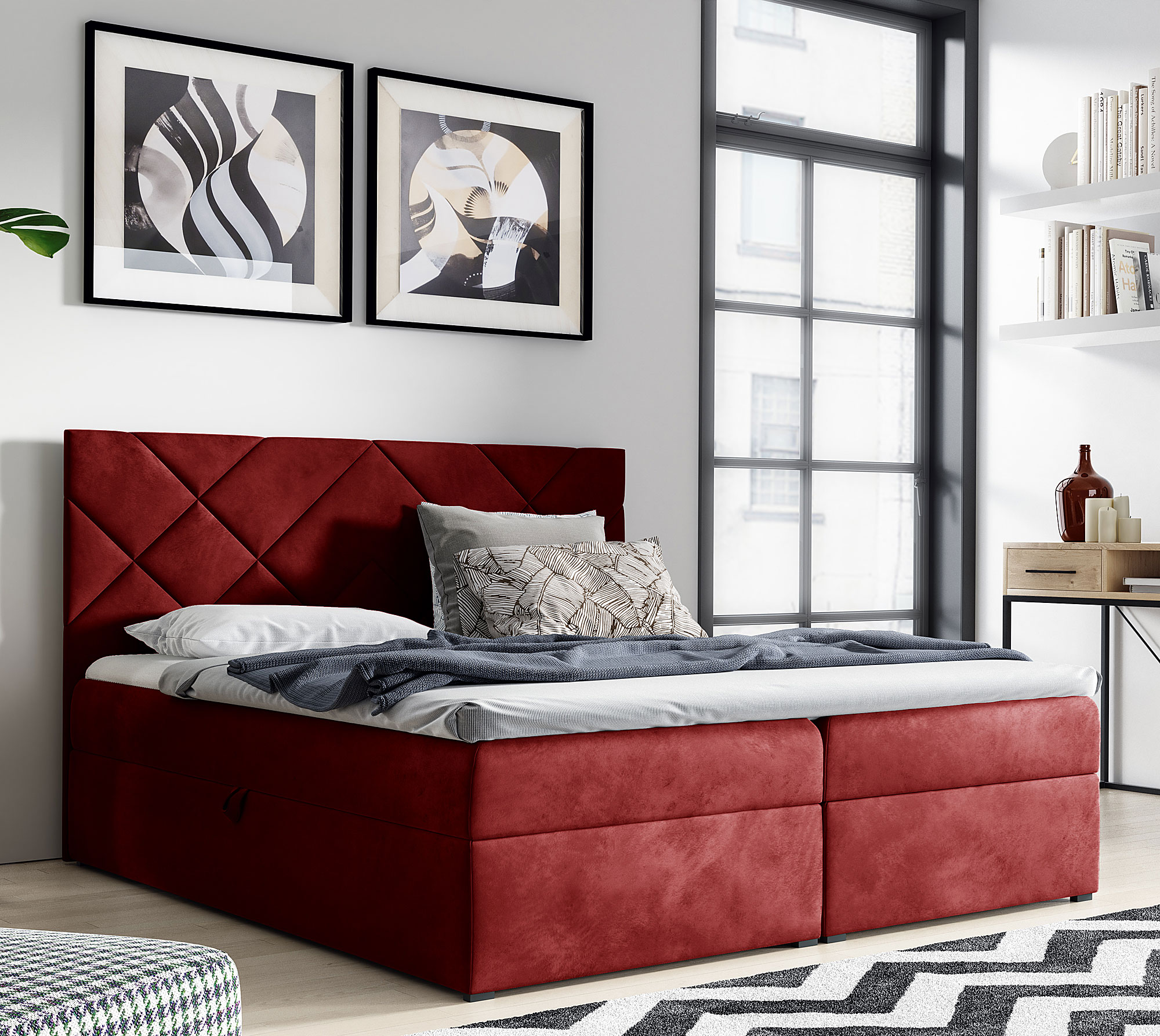 Aranżacja wnętrza z czerwonym łóżkiem Ressari