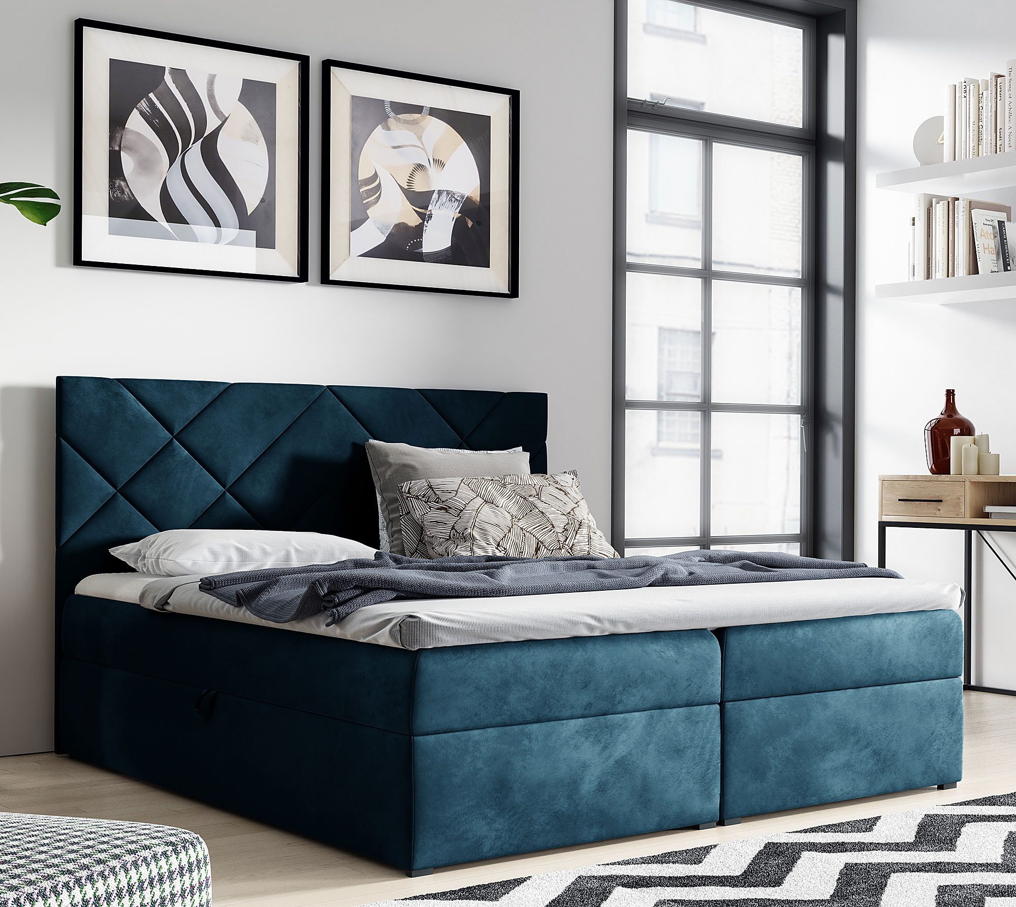 Aranżacja wnętrza z niebieskie łóżkiem Ressari