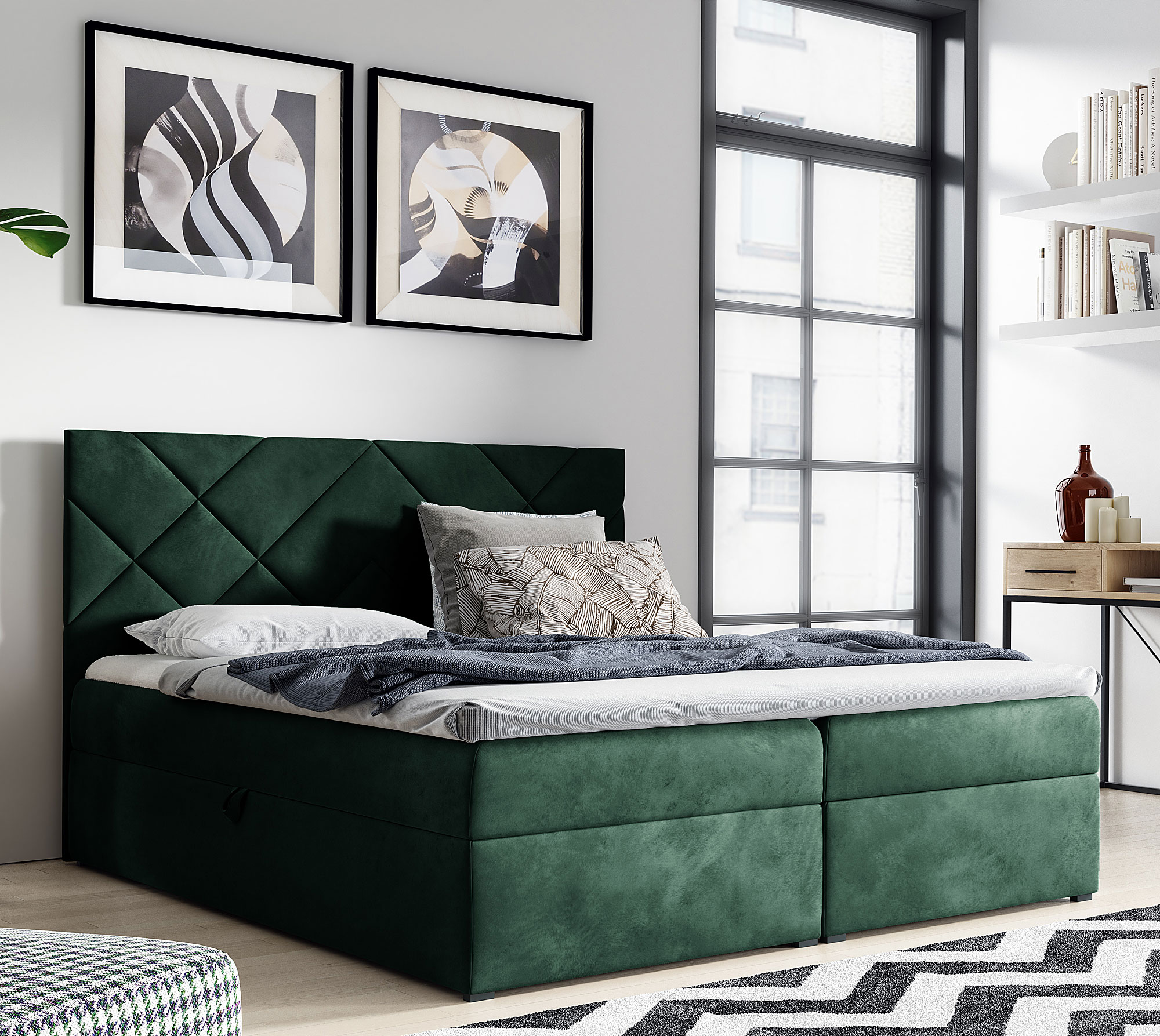 Aranżacja wnętrza z zielonym łóżkiem Ressari