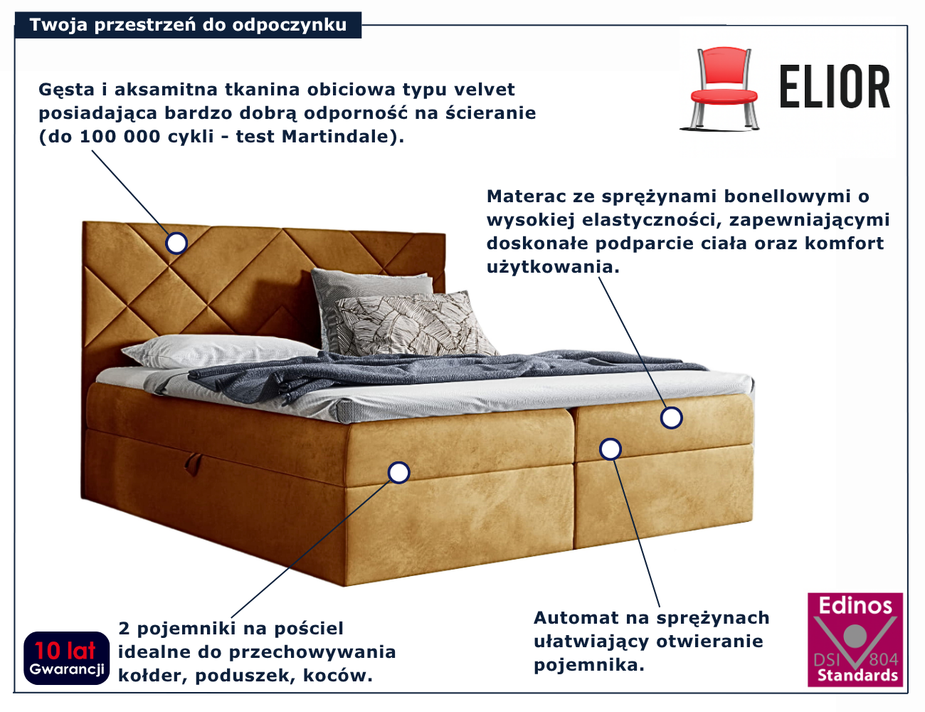 Żółte tapicerowane łóżko kontynentalne Ressari