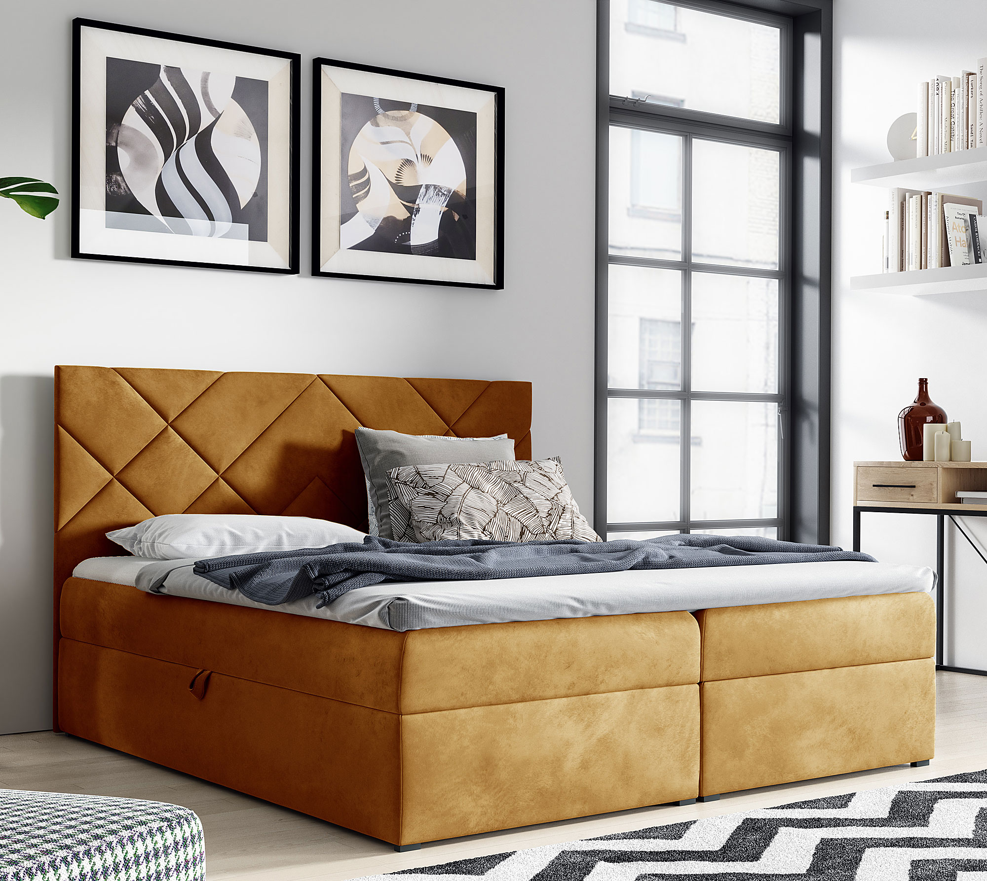 Aranżacja wnętrza z żółtym łóżkiem Ressari