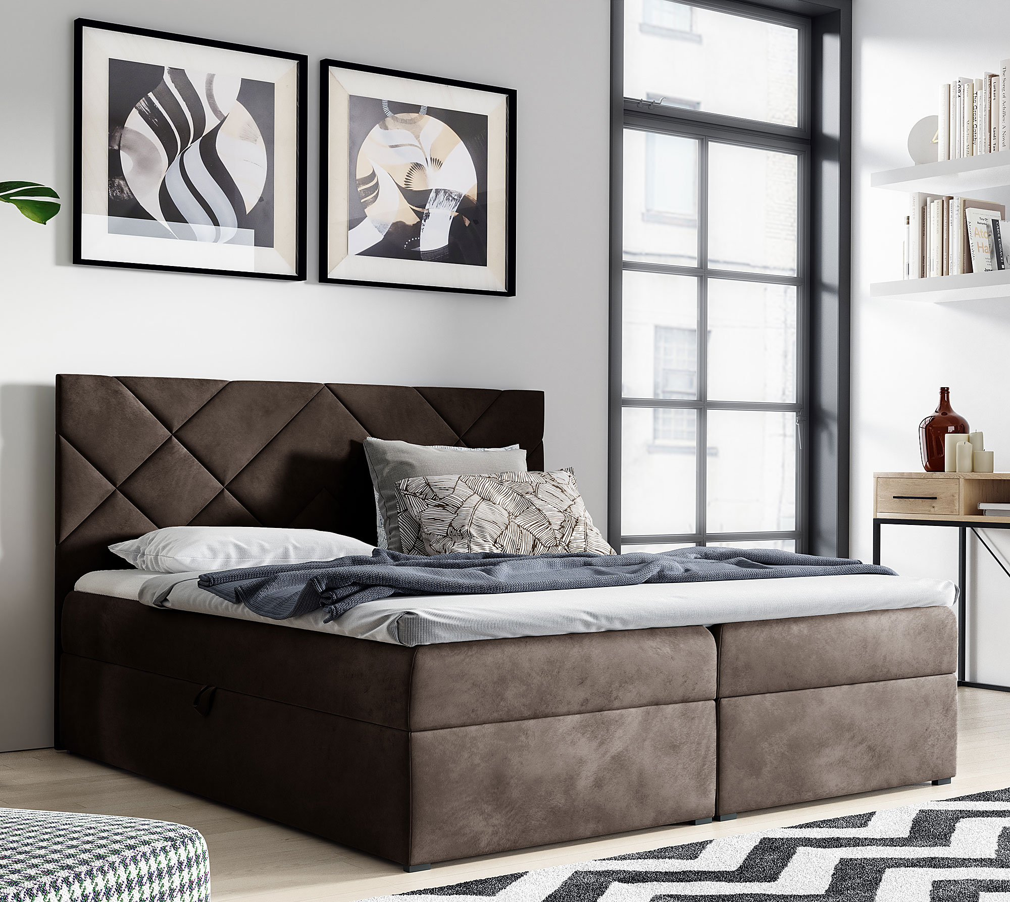 Aranżacja wnętrza z brązowym łóżkiem Ressari