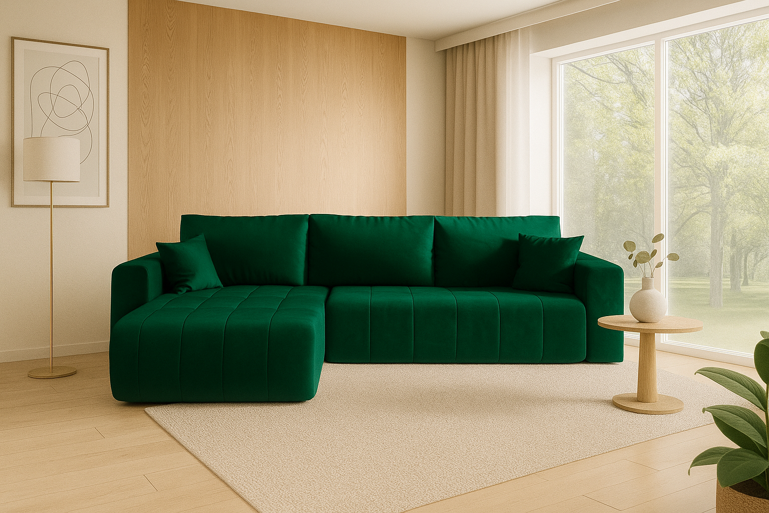 Aranżacja wnętrza z sofą w kolorze zielonym Ressani