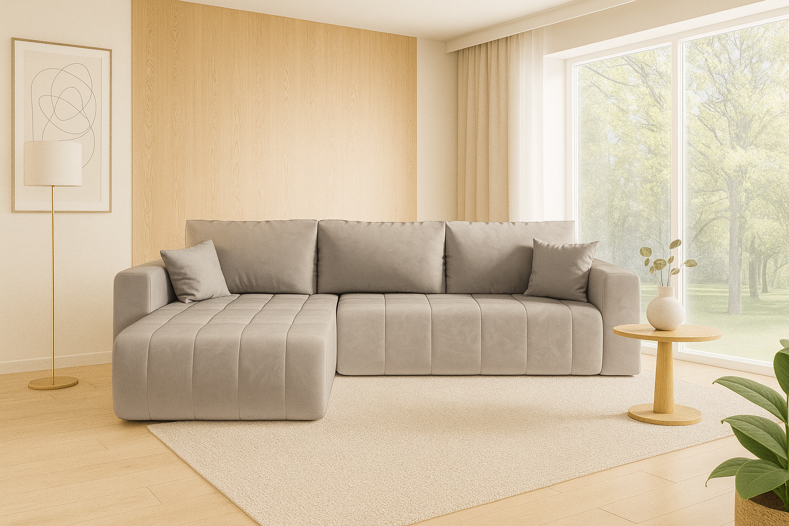 Aranżacja wnętrza z sofą w kolorze jasnoszarym Ressani