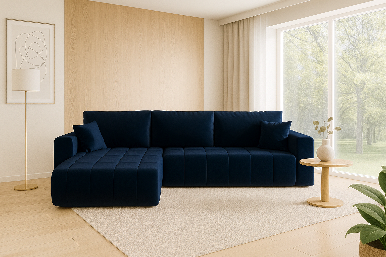 Aranżacja wnętrza z sofą w kolorze granatowym Ressani