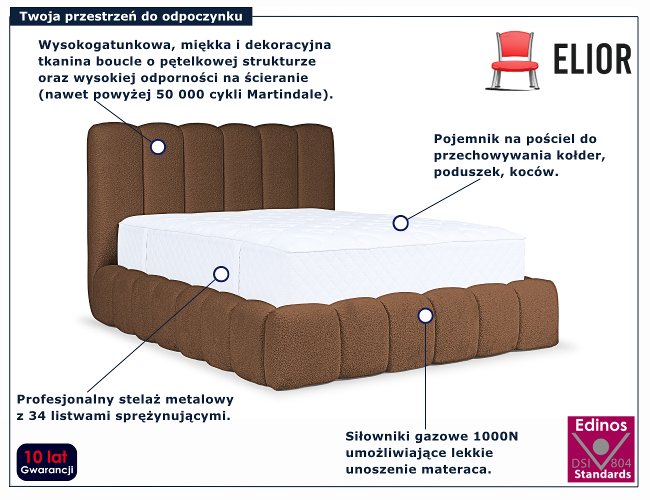 Brązowe tapicerowane łóżko chmurka Nuvessa