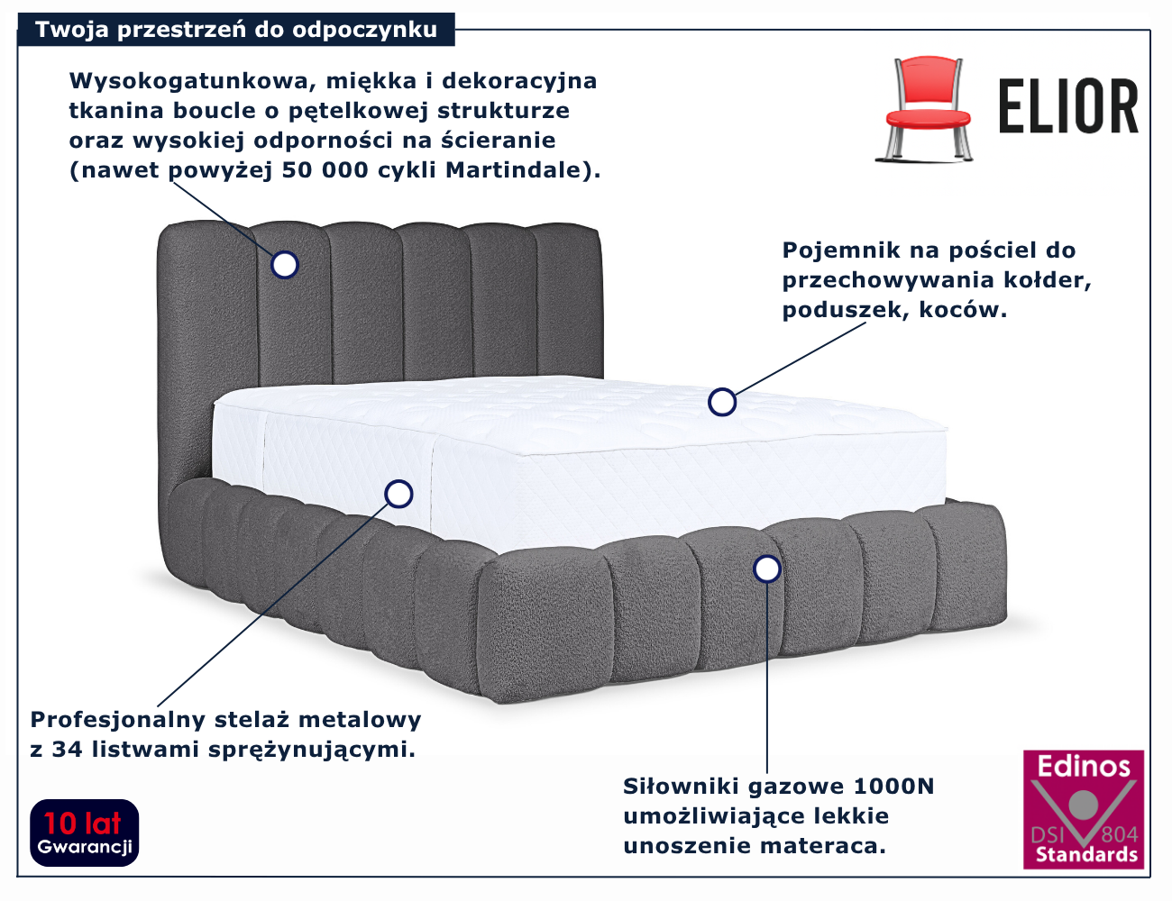Ciemnoszare tapicerowane łóżko chmurka Nuvessa